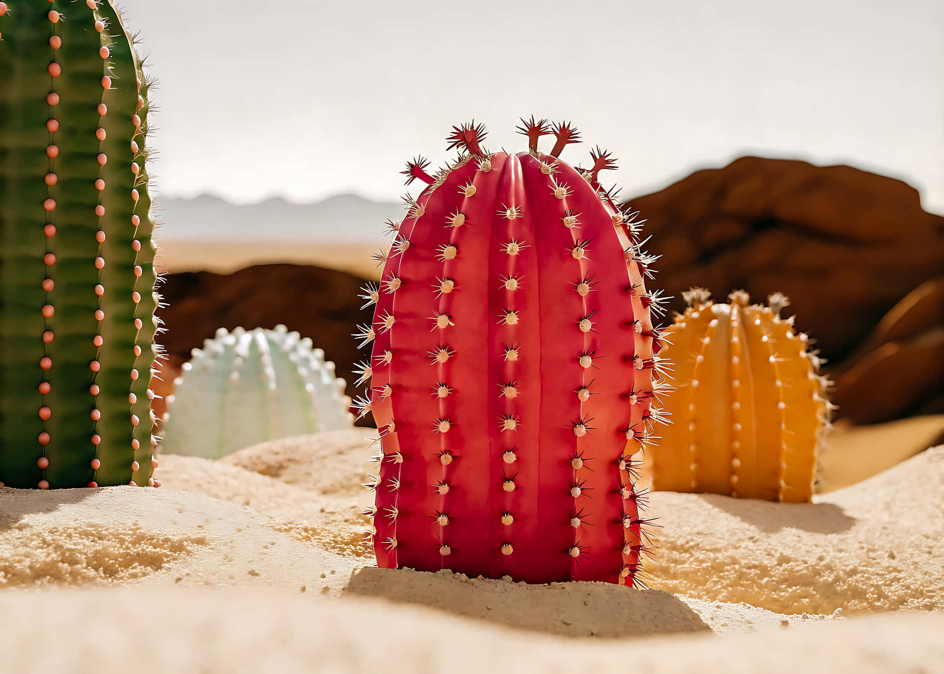 Colorful cacti in desert landscape close up view 壁紙 — 一株鮮紅色的仙人掌帶有白色尖刺，立在前景的沙地上，旁邊有綠色和黃色的仙人掌，在明亮的沙漠陽光下。