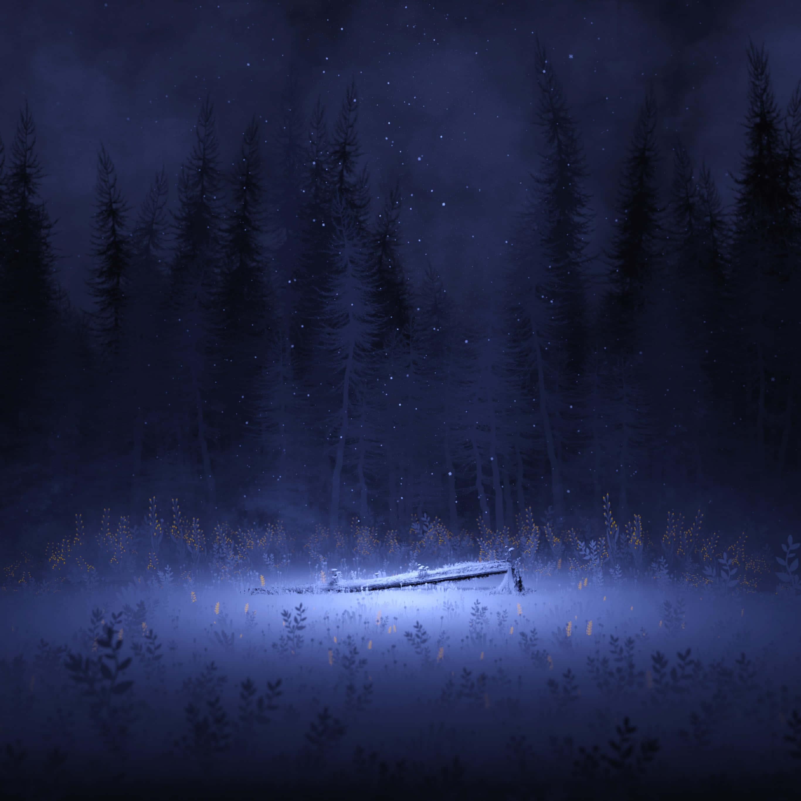 Night Forest 桌布 壁紙 — 一根孤獨的倒木躺在霧氣瀰漫的冬季森林中，星空下閃爍著黃色野花。