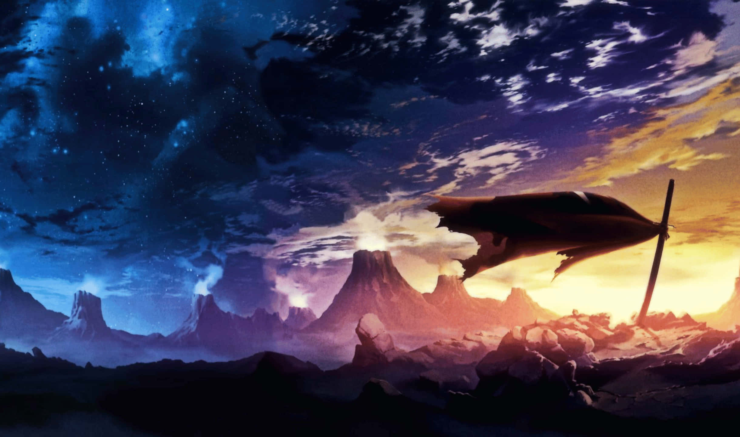 2440x1440 Monitor 桌布 壁紙 — 一根孤獨的斷旗杆，掛著破爛的旗幟，矗立在日落時分的岩石沙漠中，背景是星光燦爛的暮色天空。