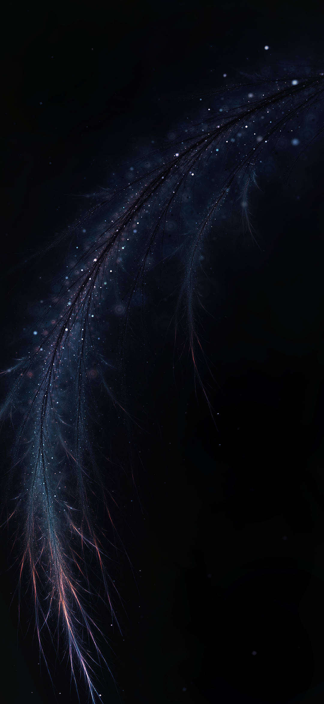 full HD phone 桌布 壁紙 — 一根宇宙羽毛在星空飄蕩，帶有發光的藍色和粉紅色絲狀物，背景是深邃的黑色虛空。