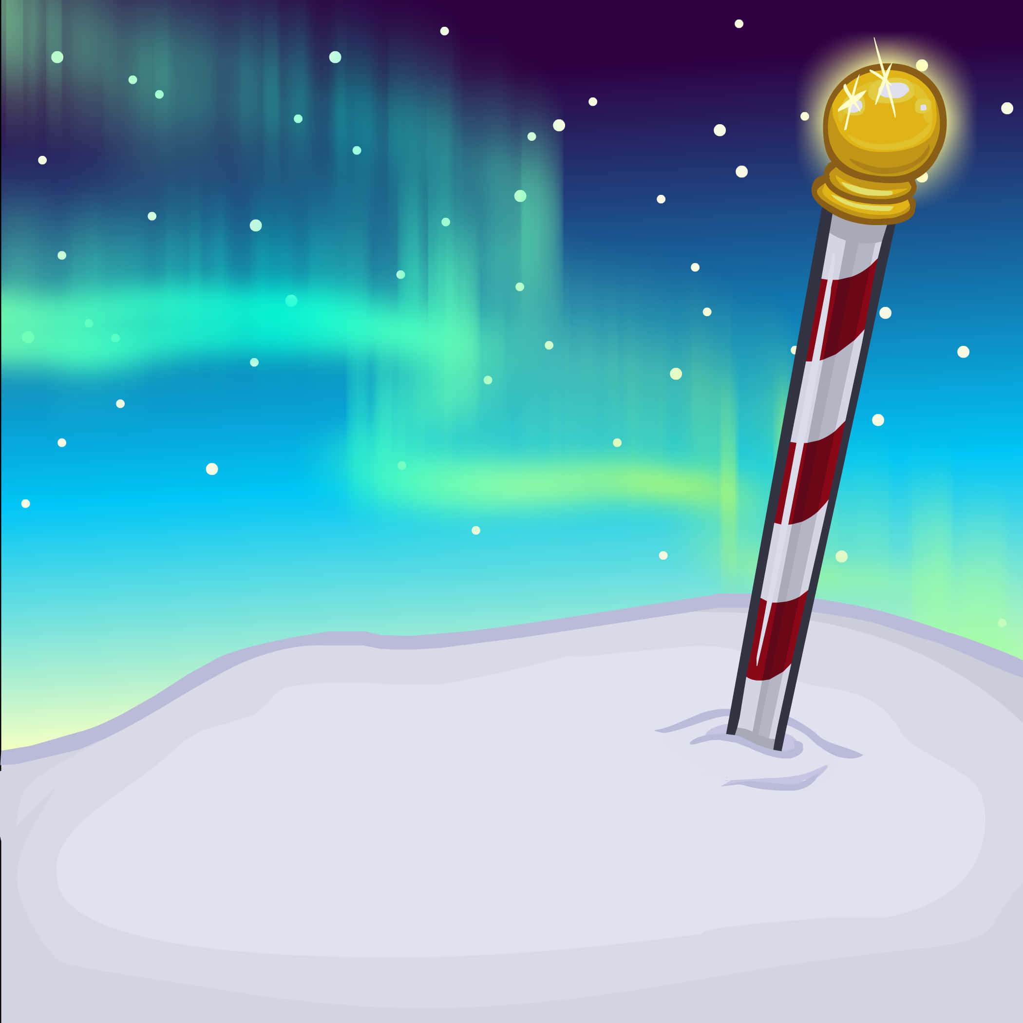 North Pole 桌布 壁紙 — 一根帶有金色球的糖果棒立在雪地中，上方是充滿活力的北極光天空。