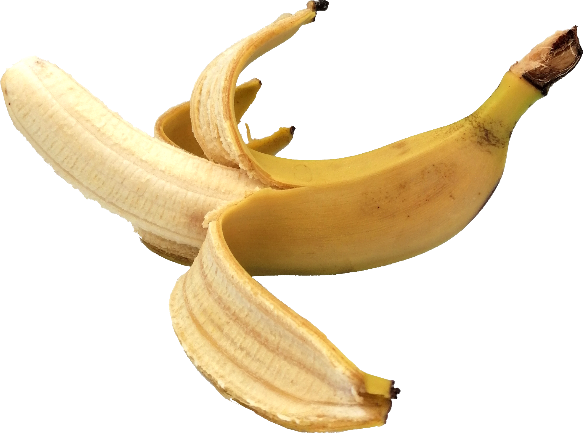 Plantain 桌布 壁紙 — 一根成熟的香蕉，部分果皮被剝開，露出奶油色的果肉，襯托在純黑背景上。