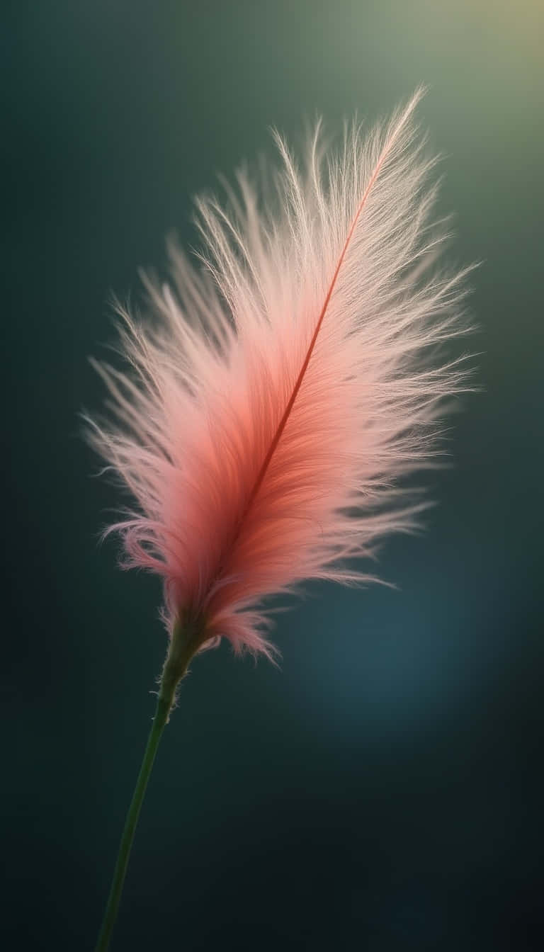 Flower 壁紙 — 一根柔軟的粉紅色羽毛狀草穗在模糊的深藍綠色背景上輕輕發光。
