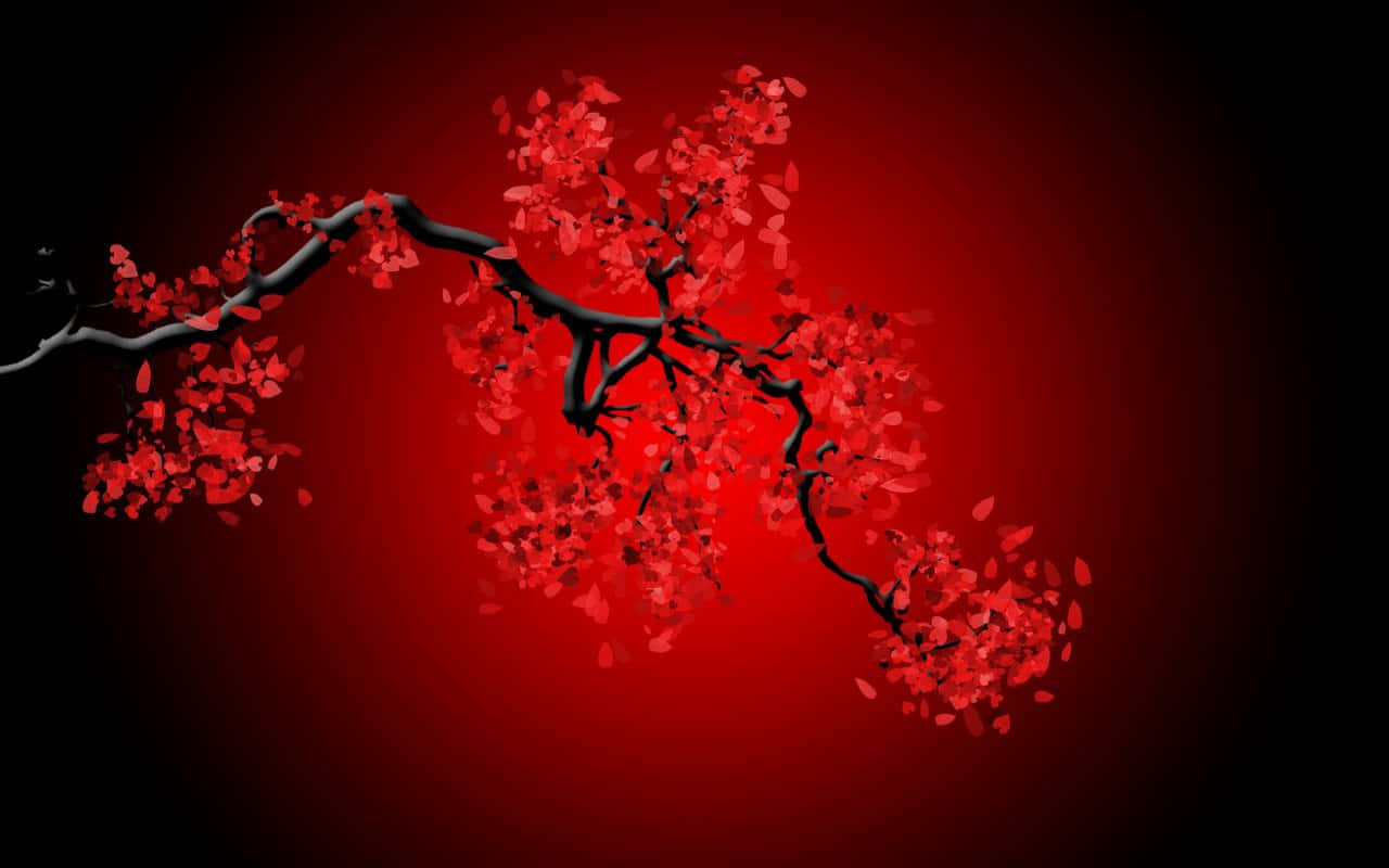 黑色 桌布 壁紙 — 一根深黑色的櫻桃枝條在漸變的深紅色背景上綻放出鮮豔的紅色花朵。