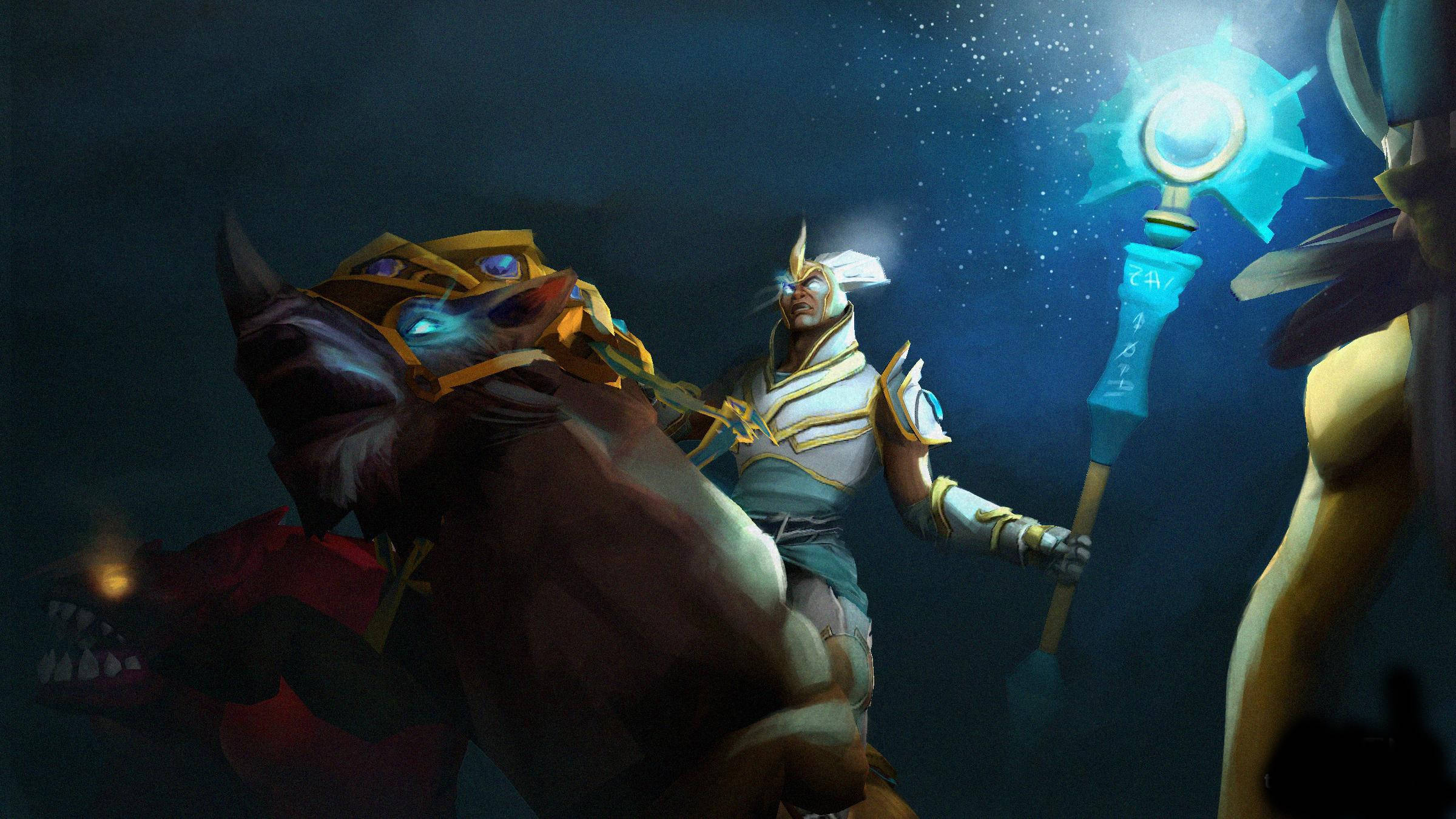 Dota 2 桌布 壁紙 — 一根發光的藍色法杖施展著耀眼魔法，一位身穿華麗盔甲的戰士在黑暗神秘領域中對抗怪物般的敵人。