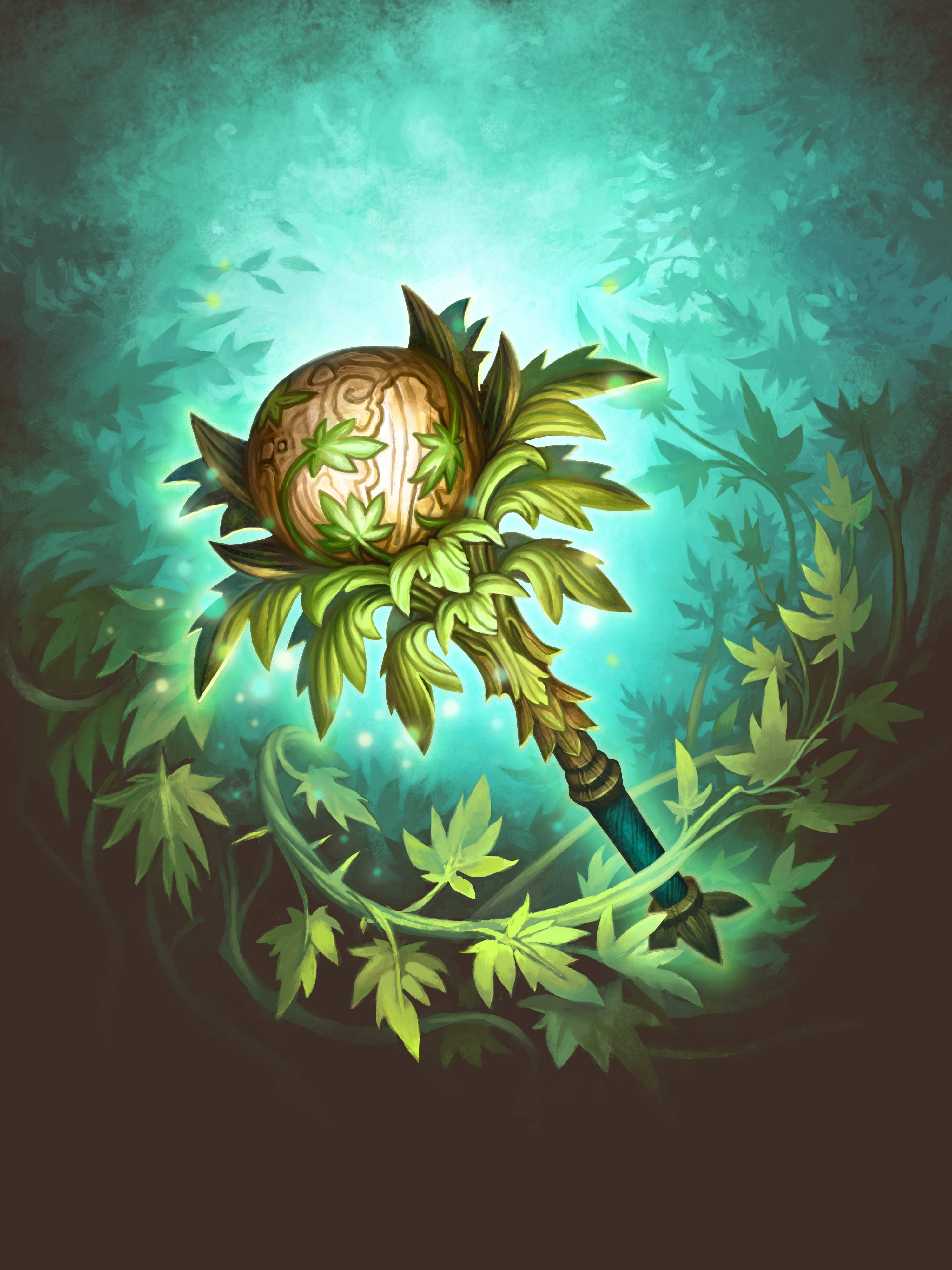樹木 桌布 壁紙 — 一根發光的魔法杖纏繞著鮮綠色的葉子和藤蔓，在黑暗的魔法森林中散發出空靈的光芒。