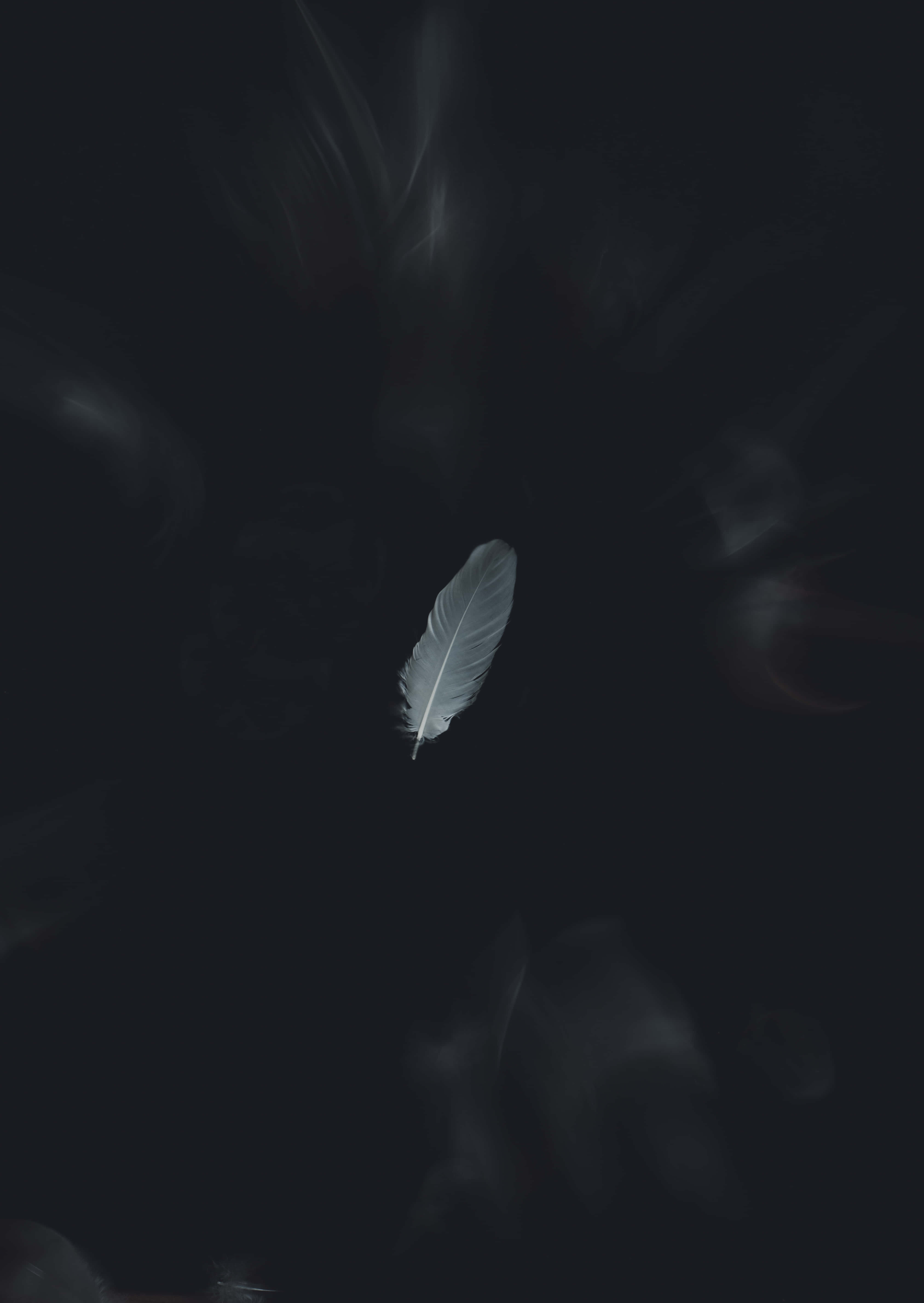 Feather 桌布 壁紙 — 一根白色羽毛在黑暗煙霧背景中靜靜漂浮，伴隨著柔和發光的縷縷煙霧。