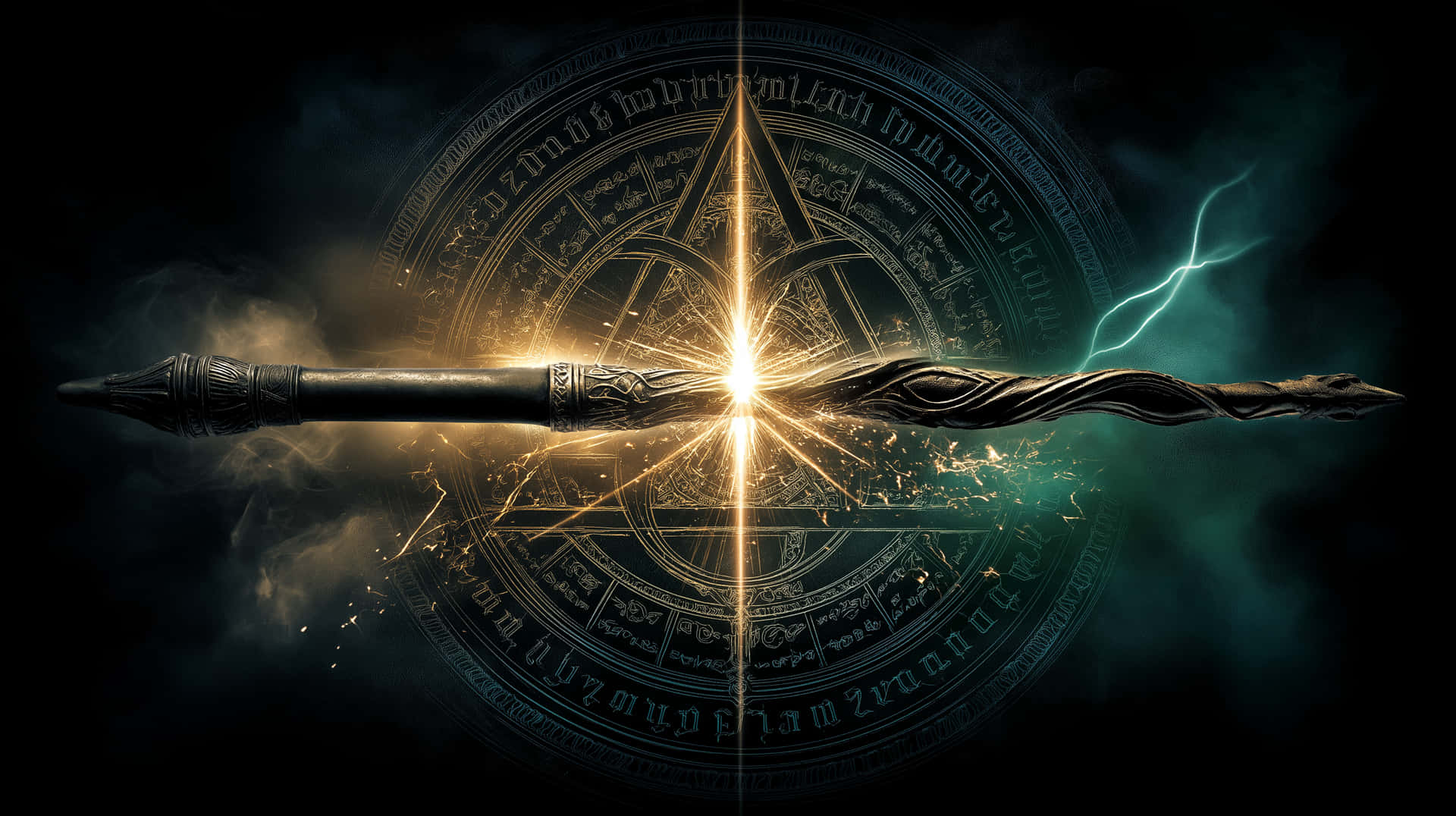 Mystical Wand and Rune Circle with Bursting Light 壁紙 — 一根神秘的法杖在一個帶有發光符文和藍色閃電的黑暗圓形印記上散發出金色光芒。