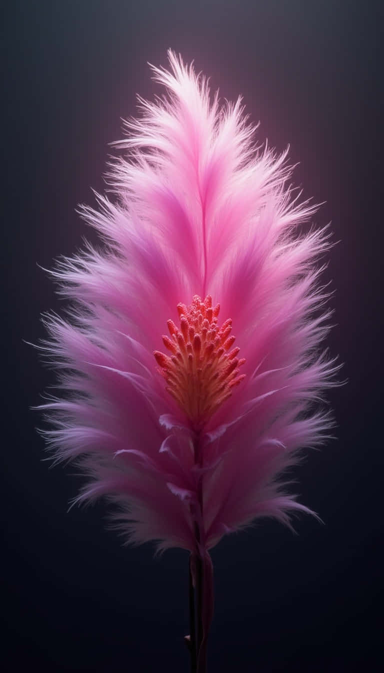 Flower 壁紙 — 一根粉紅色的蒲葦羽毛，帶有羽毛般的質感和橙色中心，在深色背景下柔和地發光。