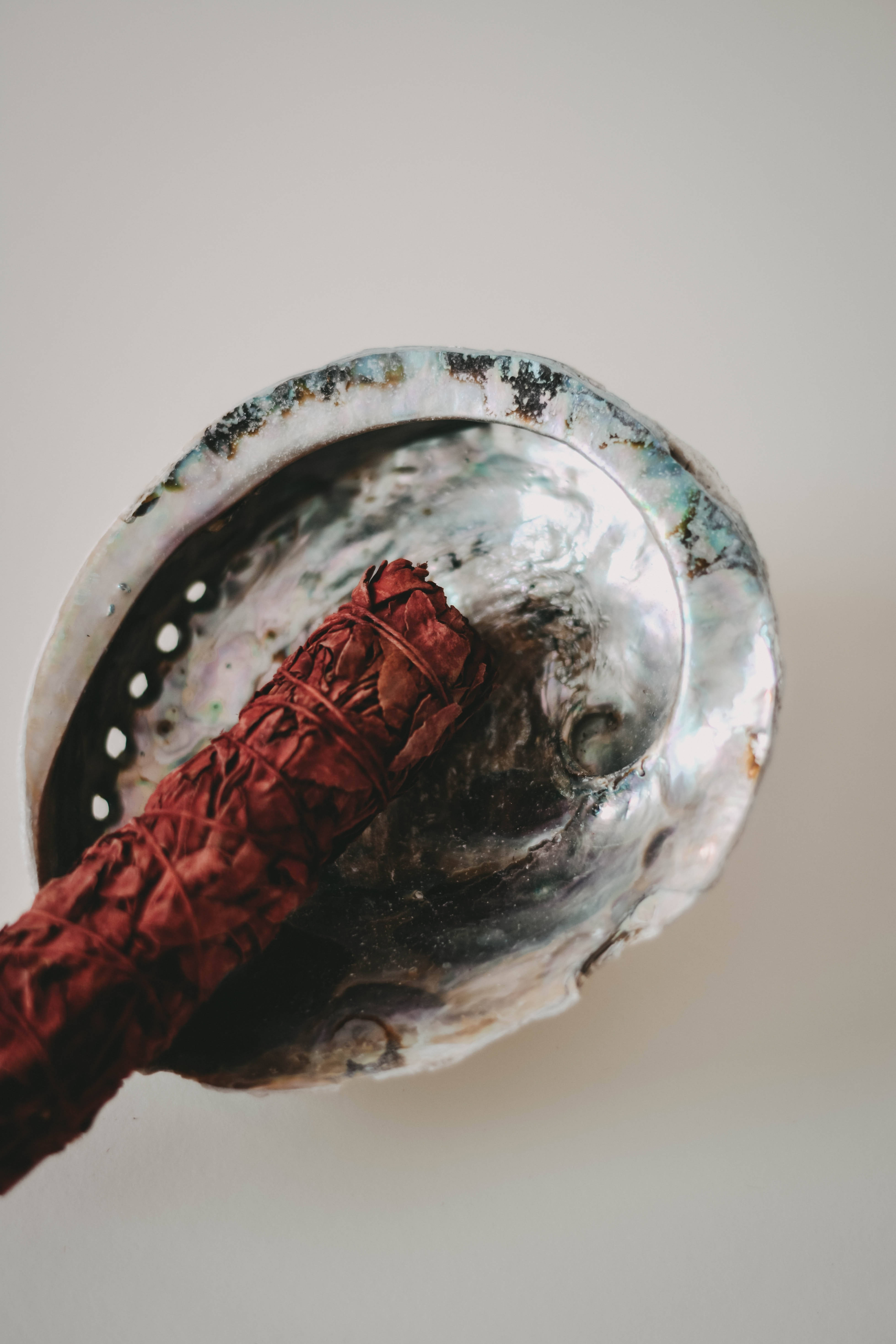 Meditation 桌布 壁紙 — 一根紅色鼠尾草煙燻棒放在虹彩鮑魚殼中，背景為柔和的中性色。