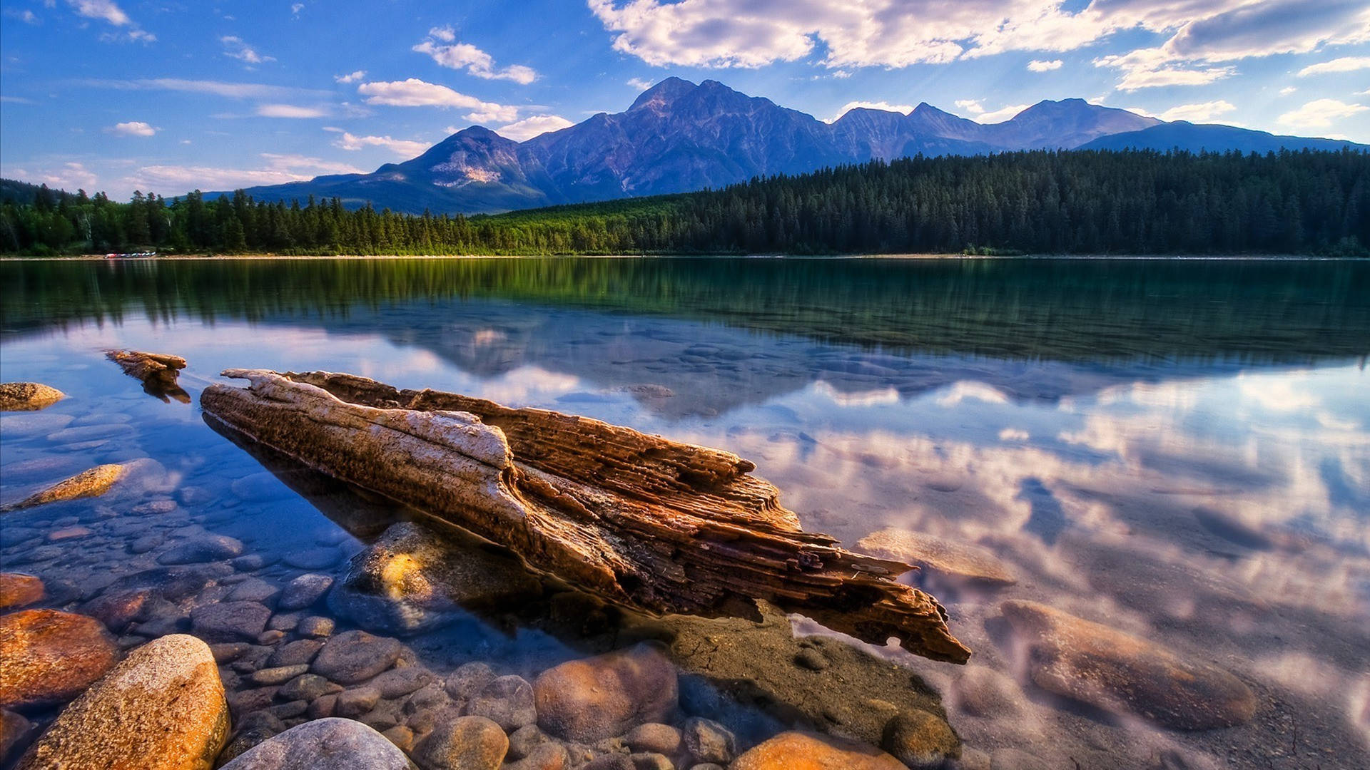 Relaxing Desktop 桌布 壁紙 — 一根風化的木頭躺在清澈的水中，倒映著高聳的山脈和點綴著幾朵白雲的湛藍天空。