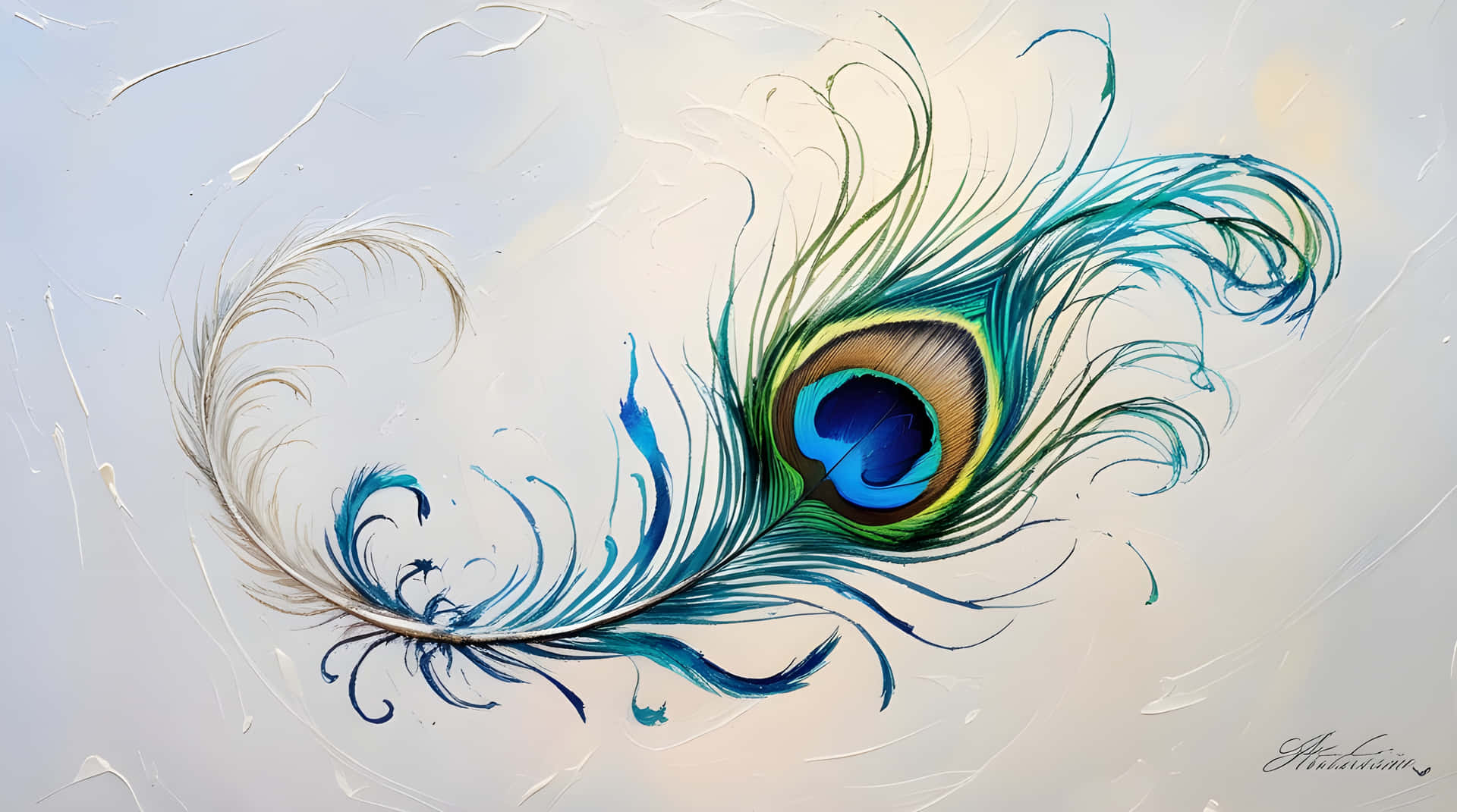 Beautiful peacock feathers art wallpaper 壁紙 — 一根鮮豔的孔雀羽毛，帶有虹彩藍綠色和金色眼睛，位於有紋理的奶油色白色背景中央。