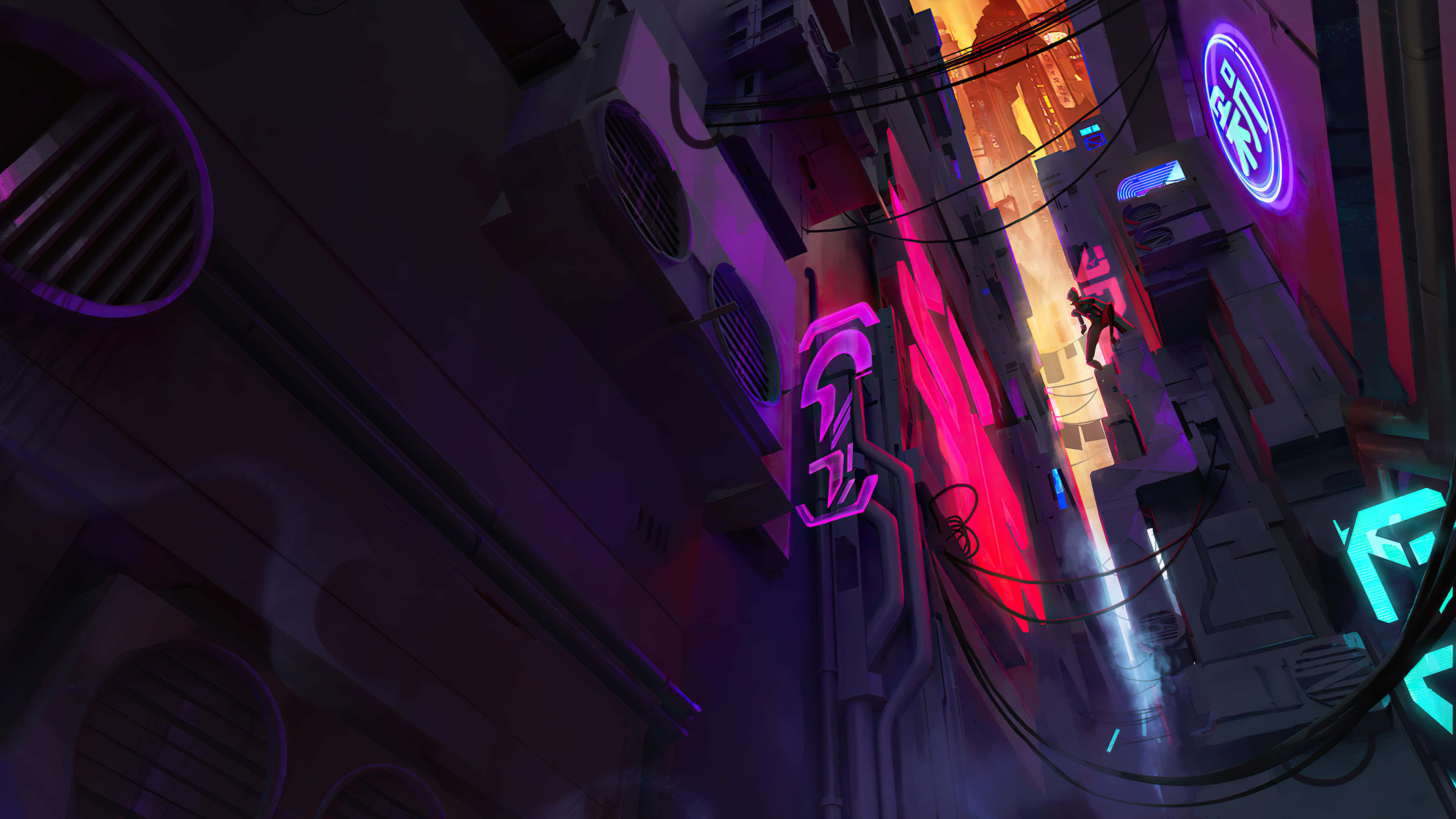 Neon Lights Aesthetic 桌布 壁紙 — 一條 cyberpunk 小巷，沐浴在霓虹粉紅、紫色和藍綠色的燈光中，一個孤獨的身影走向發光的遠方。