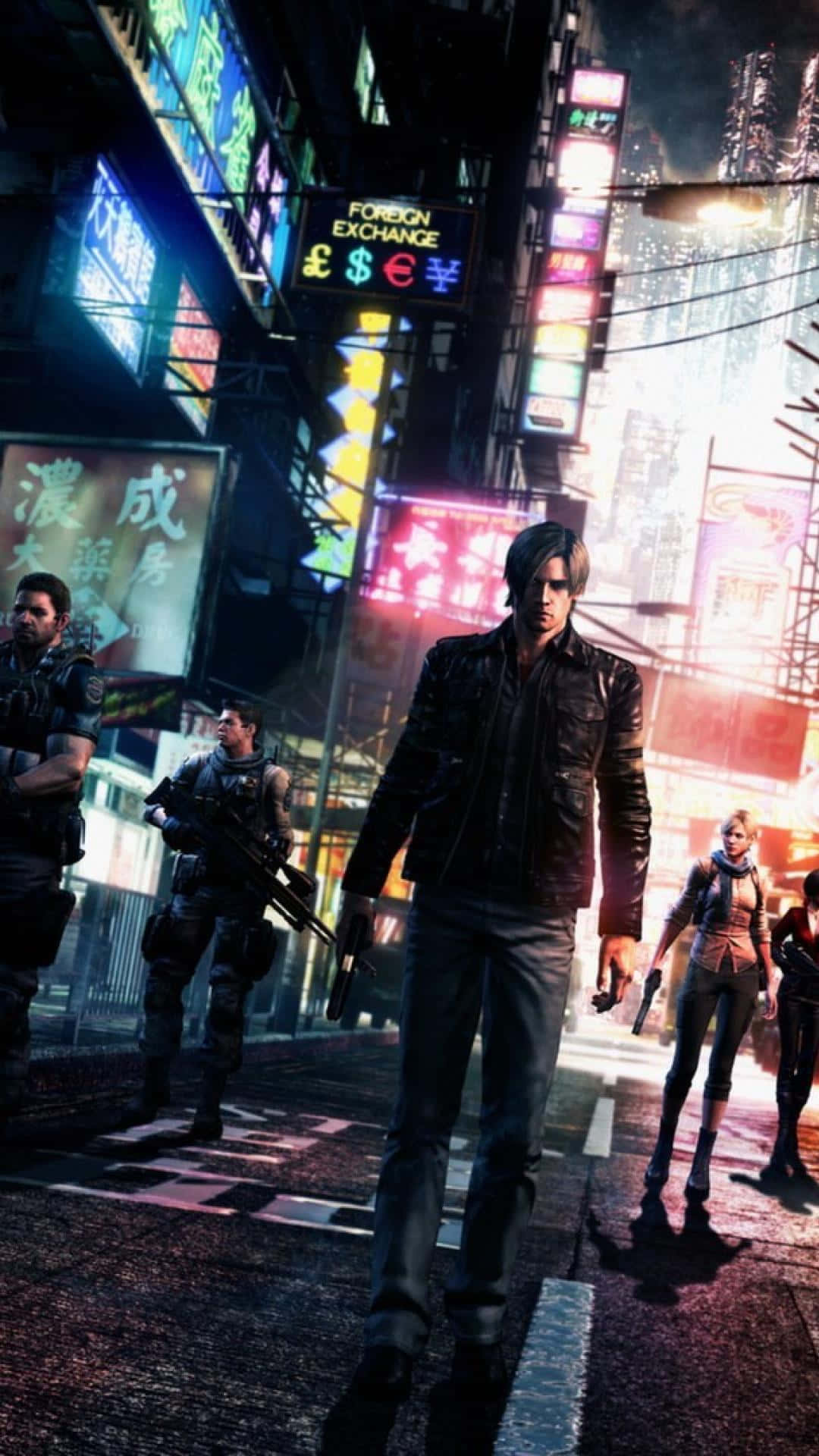 惡靈古堡 桌布 壁紙 — 一條 gritty 的 cyberpunk 街道，夜晚有霓虹燈牌和武裝角色，在雨水浸濕的城市小巷中。