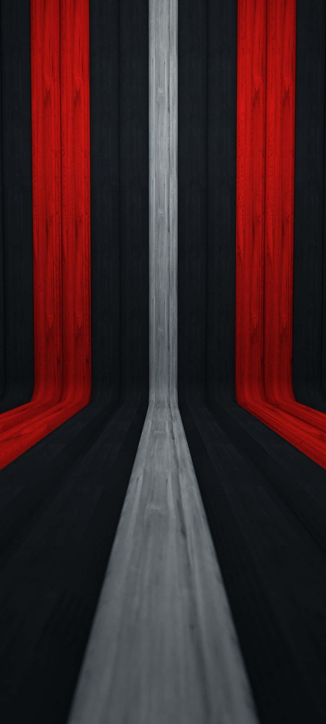 Red White And Black Abstract 桌布 壁紙 — 一條 stark 走廊，黑色牆壁和紅色垂直條紋匯聚到灰色木地板的消失點。