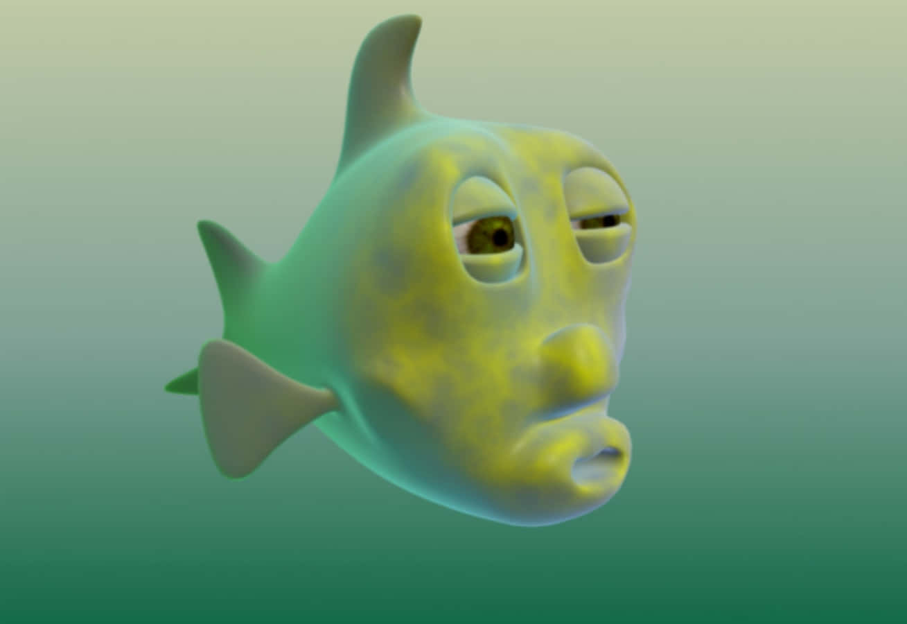 動物 桌布 壁紙 — 一條3D渲染的魚，有著類似人類的臉，漂浮在漸層的藍綠色水中，眼神疲憊。