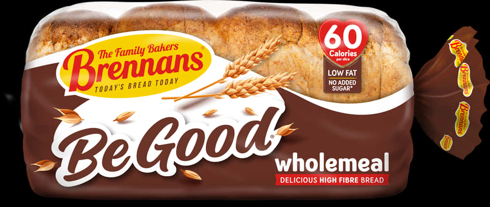 麵包 桌布 壁紙 — 一條Brennans Be Good全麥麵包，帶有品牌包裝、麥穗和卡路里資訊。