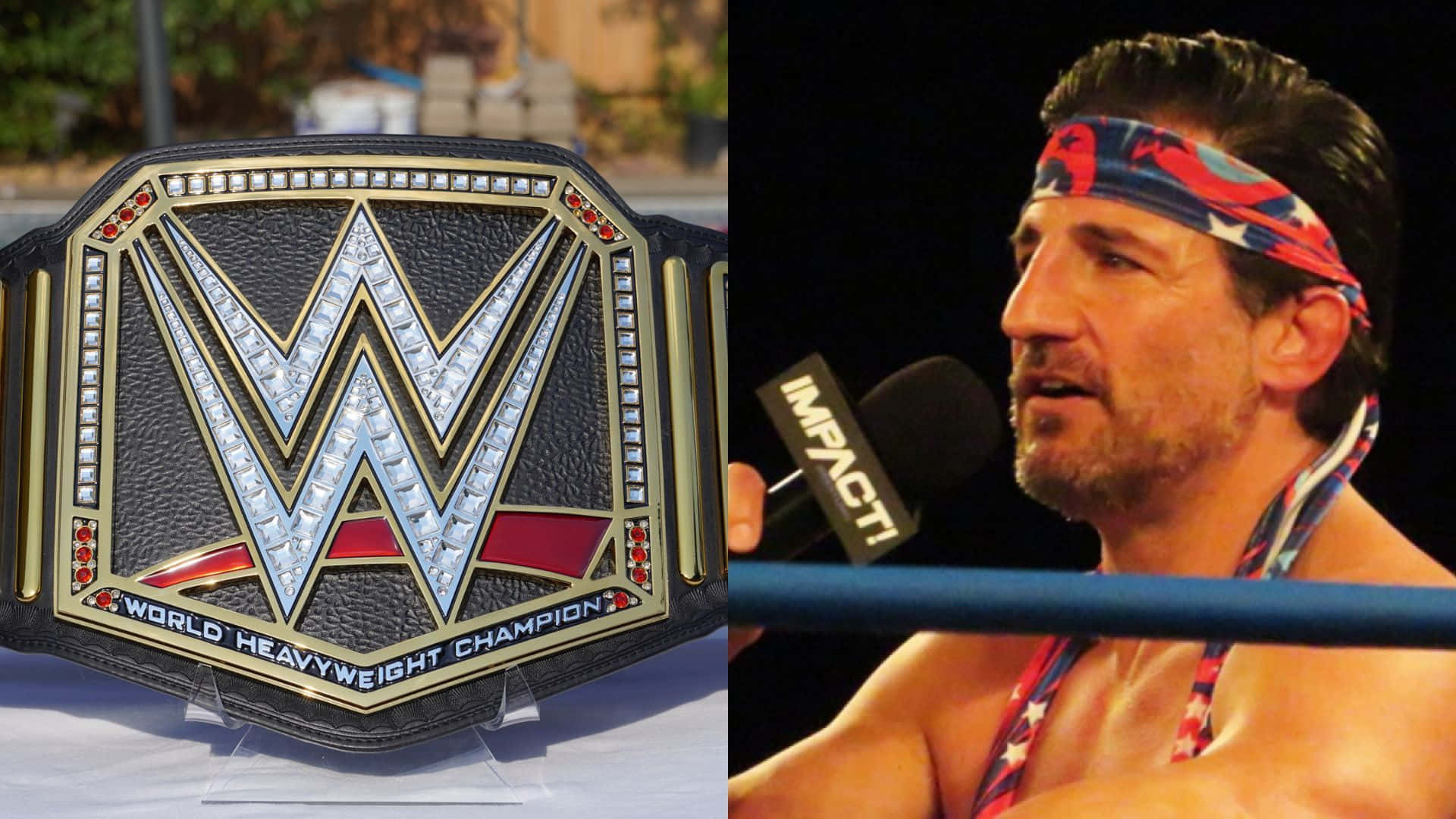 WWE 桌布 壁紙 — 一條WWE世界重量級冠軍腰帶展示在摔角手AJ Styles旁邊，他在擂台上拿著Impact麥克風。