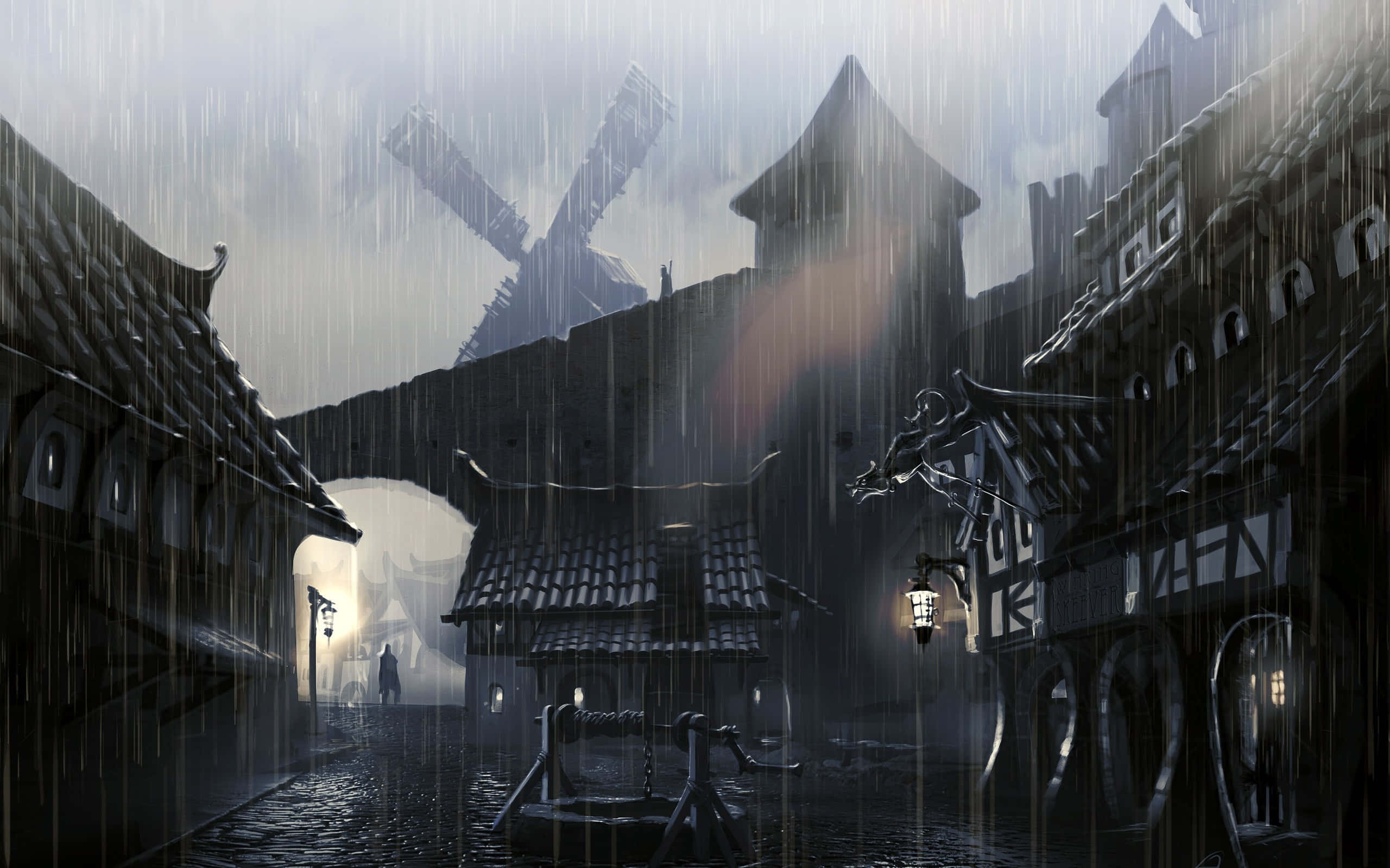 桌布 壁紙 — 一條下雨的中世紀村莊街道，有木框架房屋、發光的燈籠和遠處迷霧中的風車。