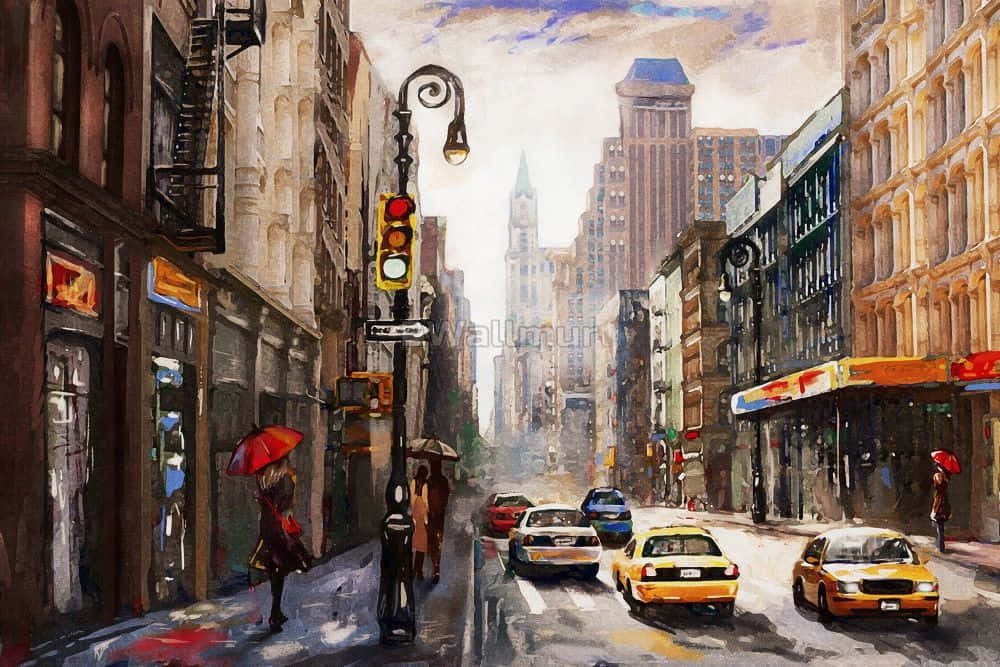 New York Art 桌布 壁紙 — 一條下雨的城市街道，有黃色計程車和行人拿著紅色雨傘，天空多雲。