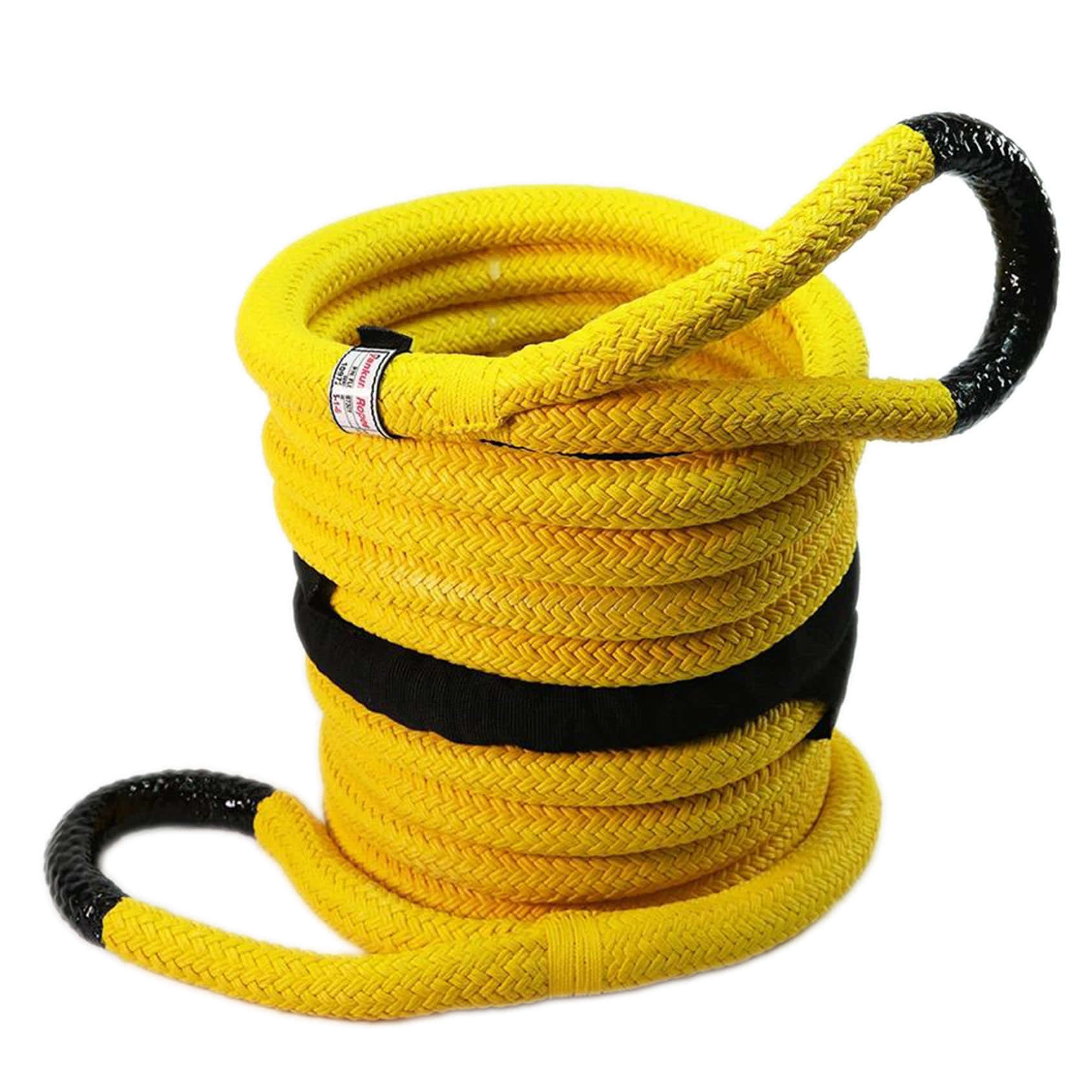 rope 桌布 壁紙 — 一條亮黃色編織繩索盤繞成圈，帶有黑色加固末端和黑色帶子，置於白色背景上。