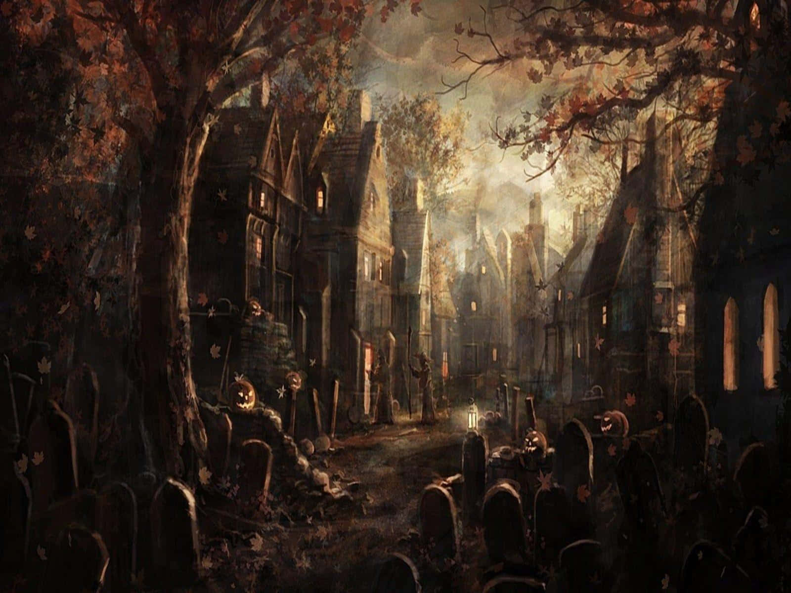 Spooky Halloween 桌布 壁紙 — 一條令人毛骨悚然卻美麗的秋日村莊街道，兩旁排列著墓碑和發光的南瓜燈，籠罩在霧濛濛的暮色天空下。