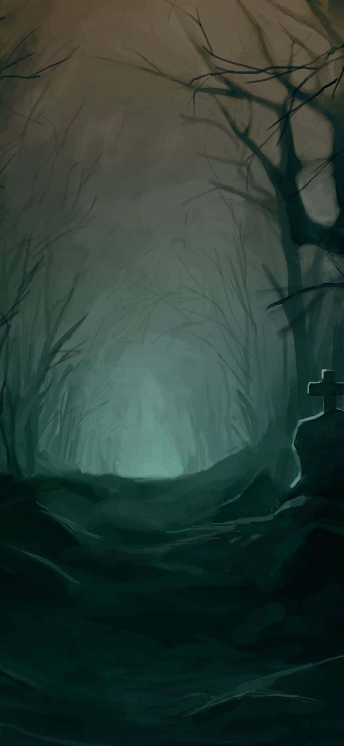 Spooky iPhone 桌布 壁紙 — 一條令人毛骨悚然的霧氣森林小徑通向一個發光的綠色光芒，周圍是光禿禿的扭曲樹木和一個孤獨的墓碑。