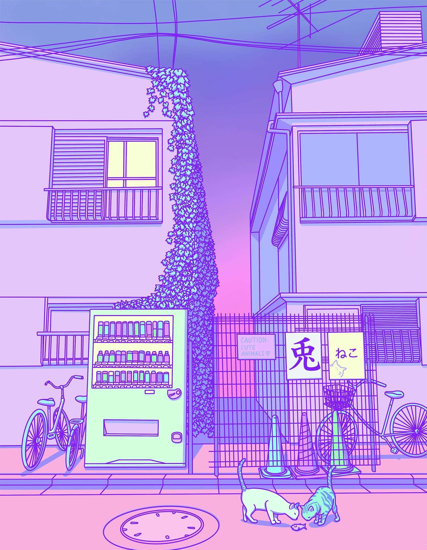 日式審美桌面 桌布 壁紙 — 一條以螢光粉紅和紫色繪製的小巷，靠近自動販賣機有兩隻貓，腳踏車和攀爬在建築物之間的常春藤。