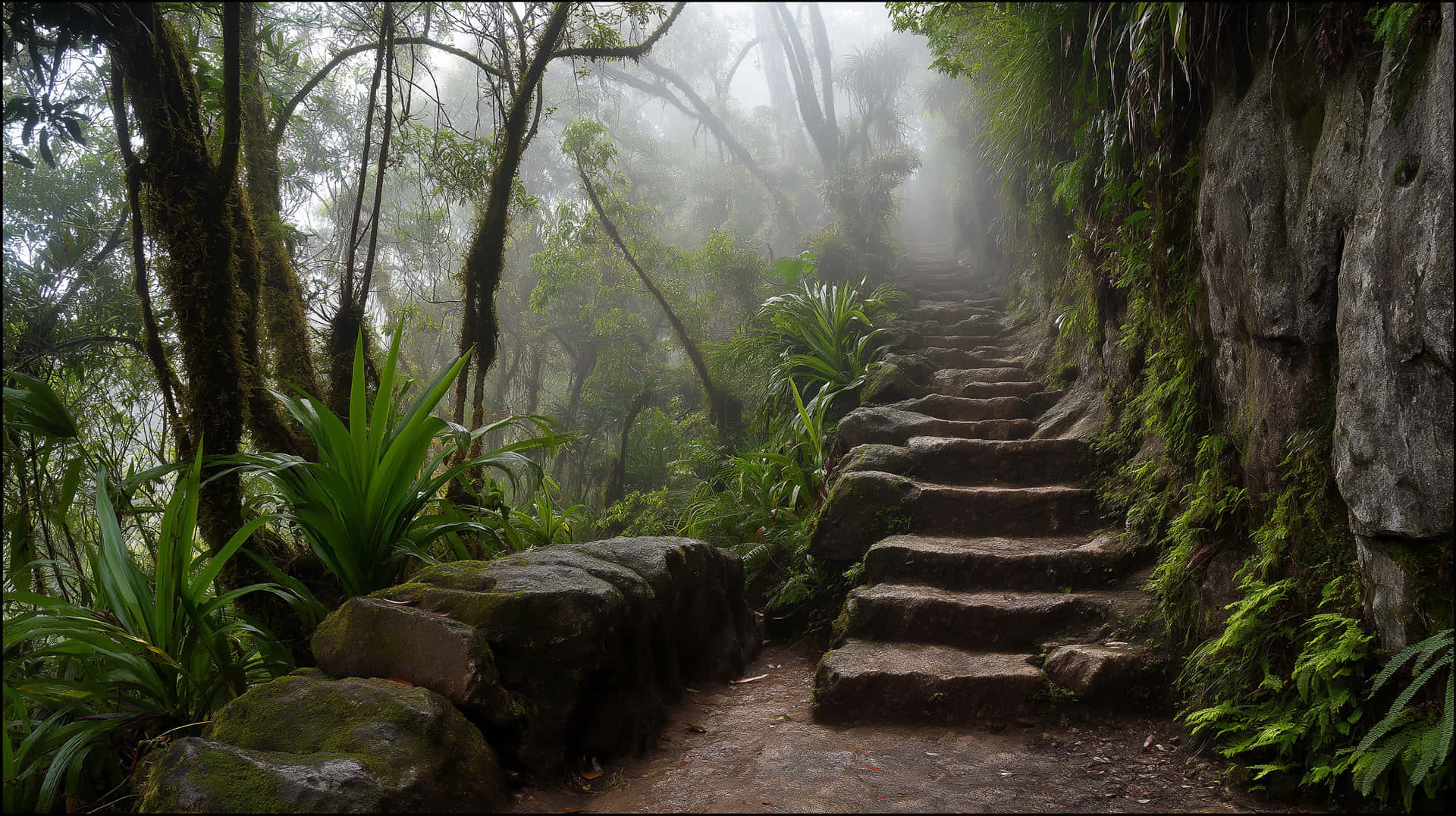 Steep Mountain Trail 壁紙 — 一條佈滿青苔的石階蜿蜒而上，穿過迷霧籠罩的雨林，兩旁是高聳的樹木和茂密的綠色蕨類植物。