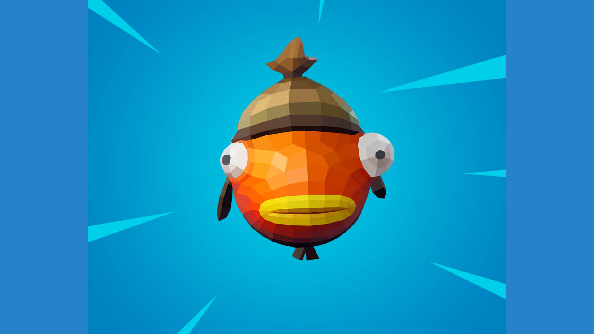 Fishstick 桌布 壁紙 — 一條低多邊形橙色魚戴著棕色帽子，在明亮的藍色背景上漂浮，周圍有放射狀光線。