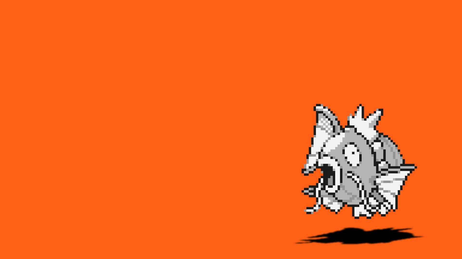 Magikarp 桌布 壁紙 — 一條像素化的灰色魚，睜大眼睛張開嘴巴，在純橙色背景上跳躍，投下深色陰影。