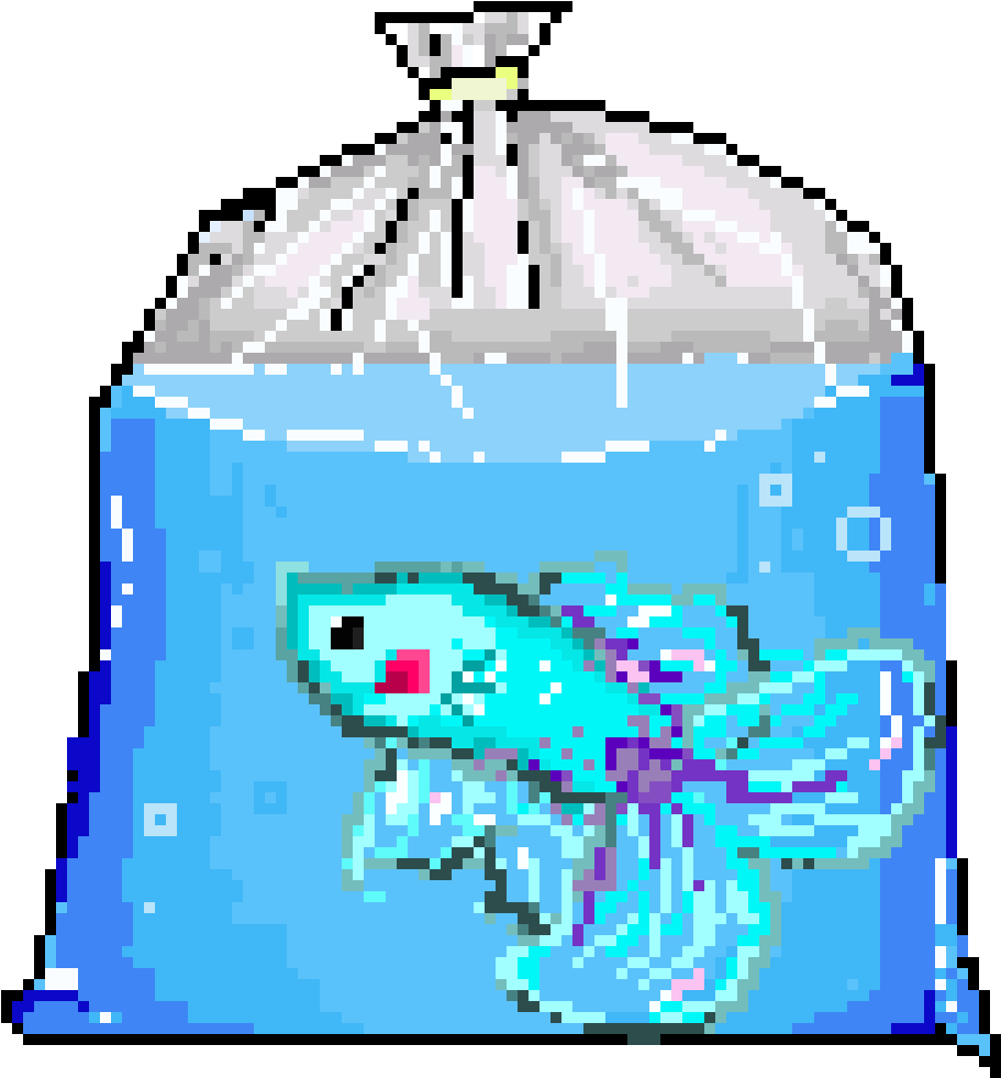 魚 桌布 壁紙 — 一條像素化的藍綠色鬥魚在一個頂部綁著的藍色裝水塑膠袋中游動。