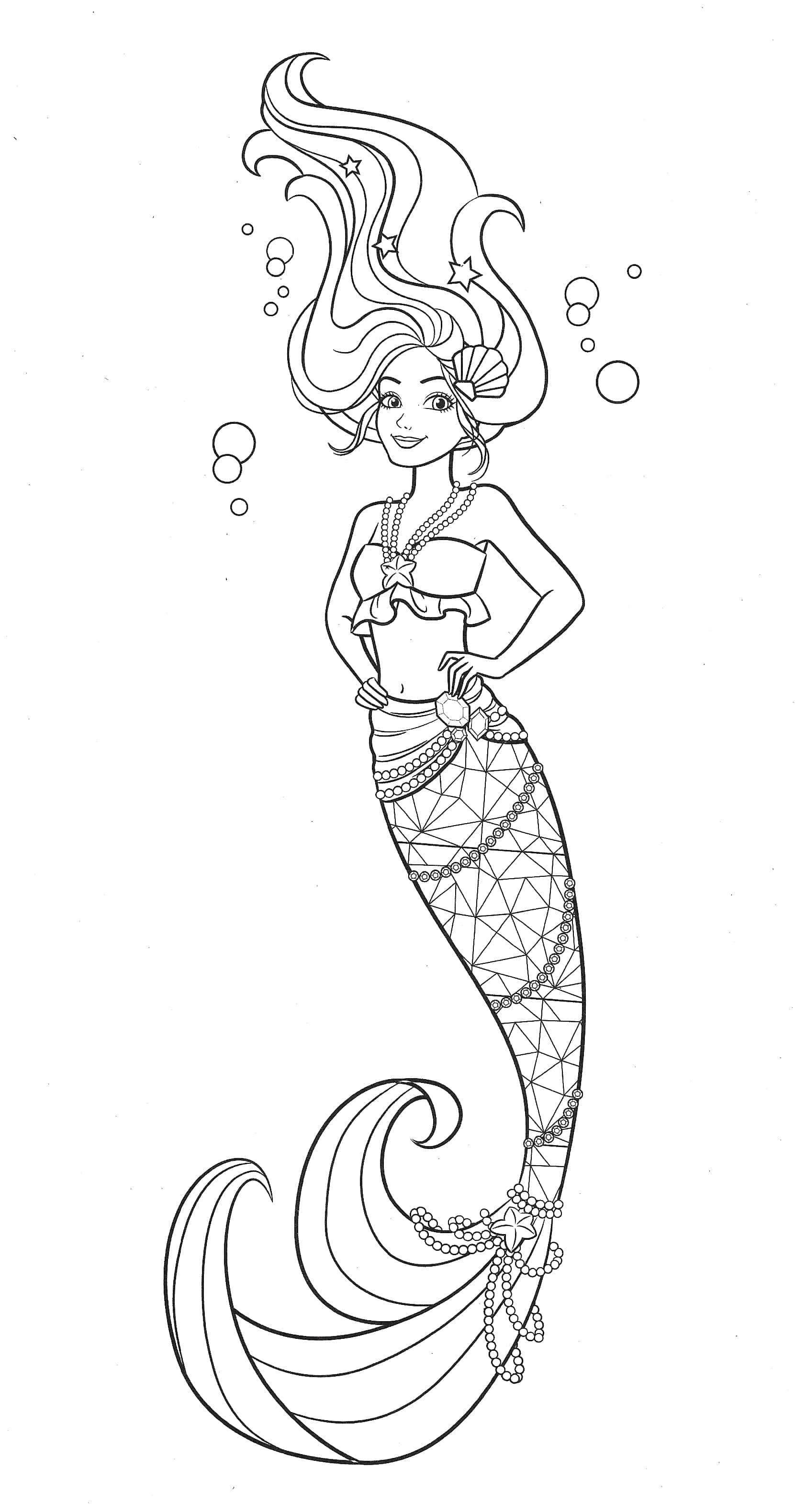Mermaid Coloring 桌布 壁紙 — 一條優雅的美人魚，擁有飄逸的頭髮和幾何形狀的尾巴，在黑白線條藝術風格中，被氣泡包圍著向上游。