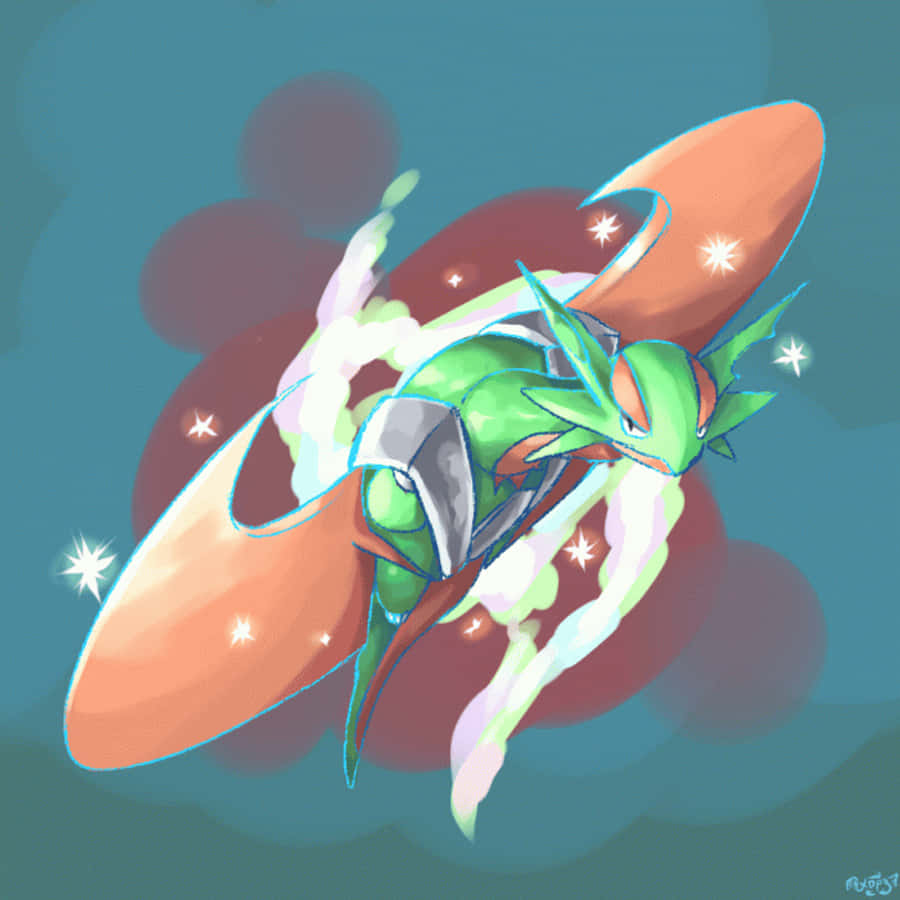 Salamence 桌布 壁紙 — 一條充滿動感的綠色和橙色動漫龍在帶有發光星星和運動軌跡的青色天空中翱翔。