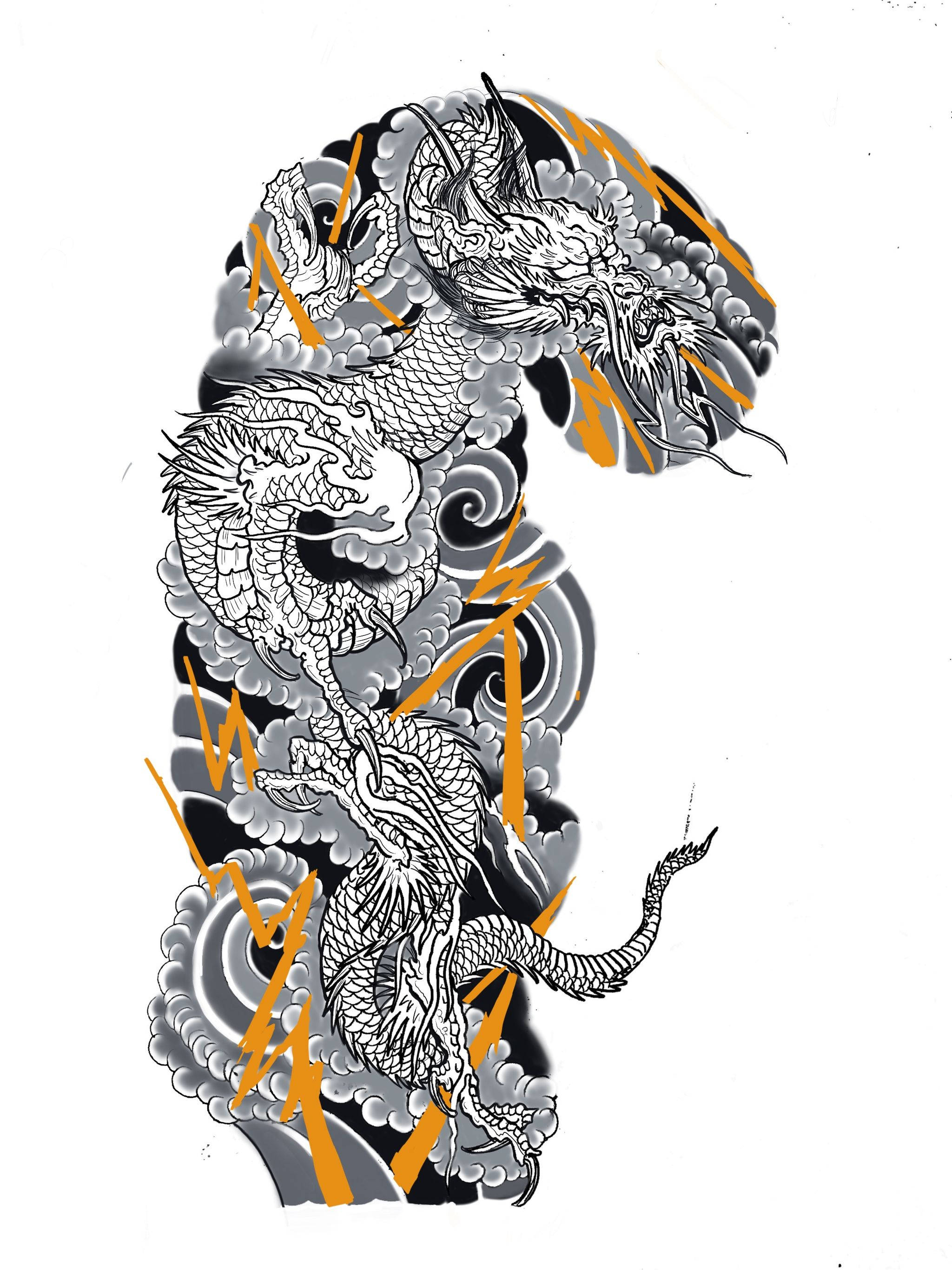 Japanese Dragon Tattoo 桌布 壁紙 — 一條充滿動感的黑、白、橙色紋身風格龍，盤旋於旋轉的雲層中，周圍有閃電擊落。