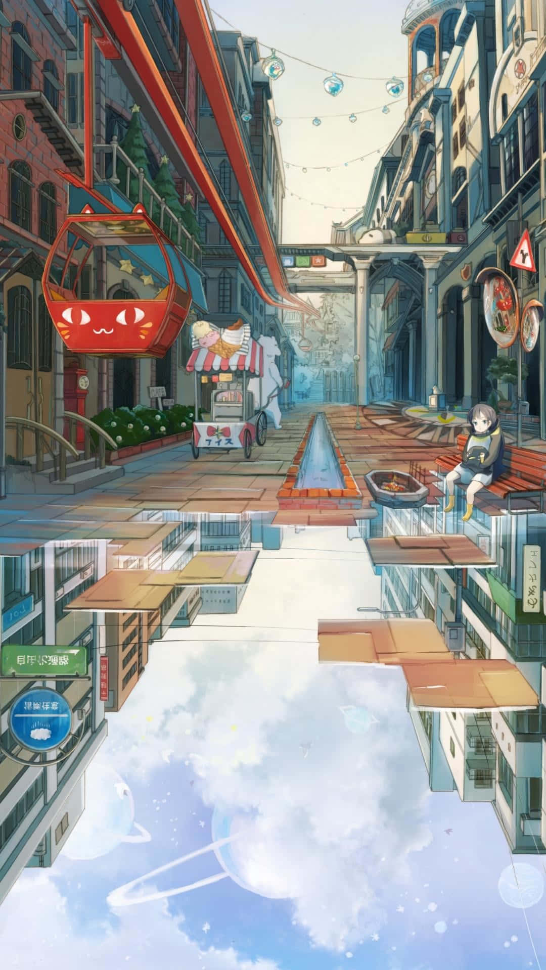 Aesthetic Anime City 桌布 壁紙 — 一條充滿奇思妙想的動漫街道場景，漂浮的建築物和一條紅色纜車懸掛在充滿天空的小巷上方。