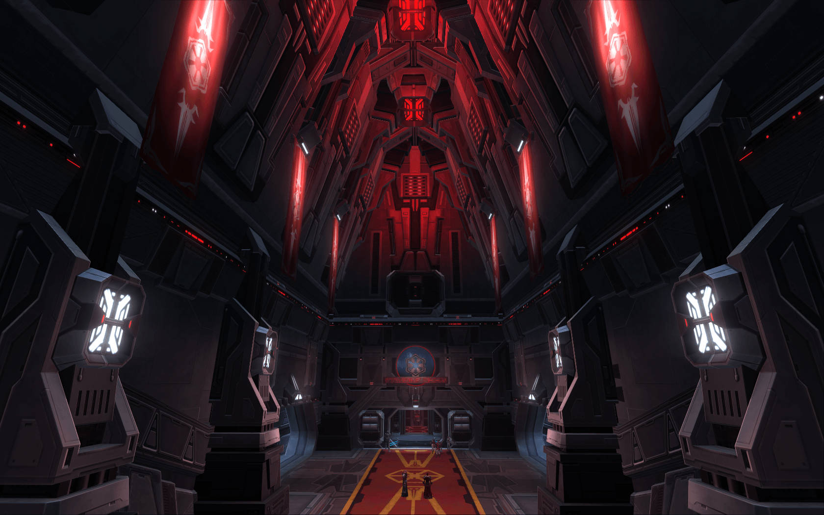 Sith 桌布 壁紙 — 一條充滿未來感的科幻走廊，沐浴在紅色燈光中，發光面板和橫幅通往中央平台。