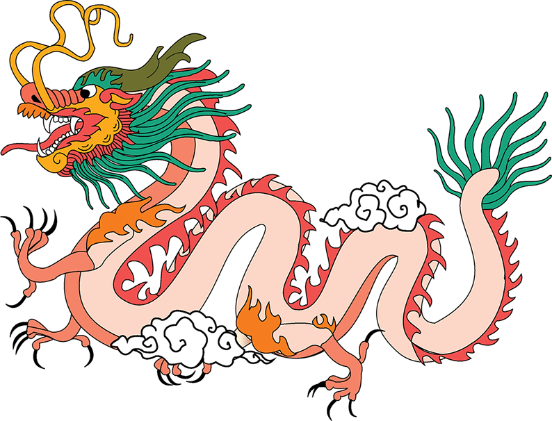 中國龍 桌布 壁紙 — 一條充滿活力的傳統中國龍，擁有綠色鬃毛和火熱的橙色點綴，在純黑背景上動態盤繞。