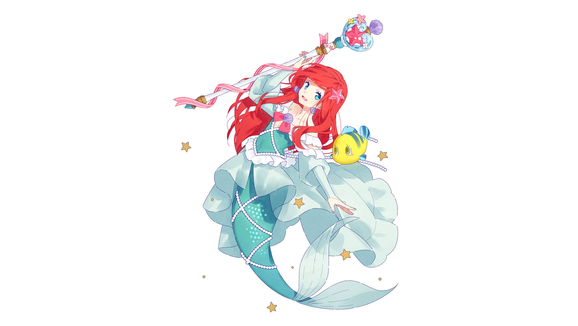 愛麗兒 桌布 壁紙 — 一條充滿活力的動漫美人魚，紅髮淺藍尾，手持魔法杖，一條黃魚在她旁邊游動。