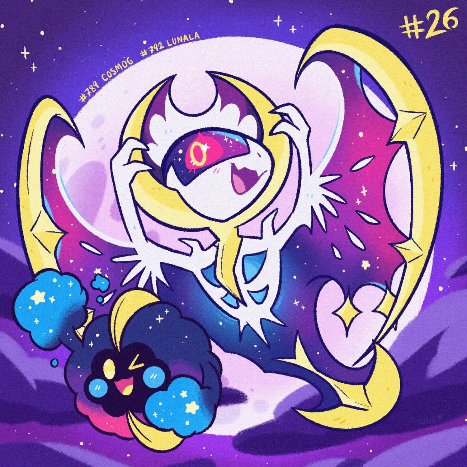 寶可夢 桌布 壁紙 — 一條充滿活力的動漫風格宇宙龍，擁有黃色新月翅膀和星光眼睛，在紫色銀河背景下快樂地擺姿勢。