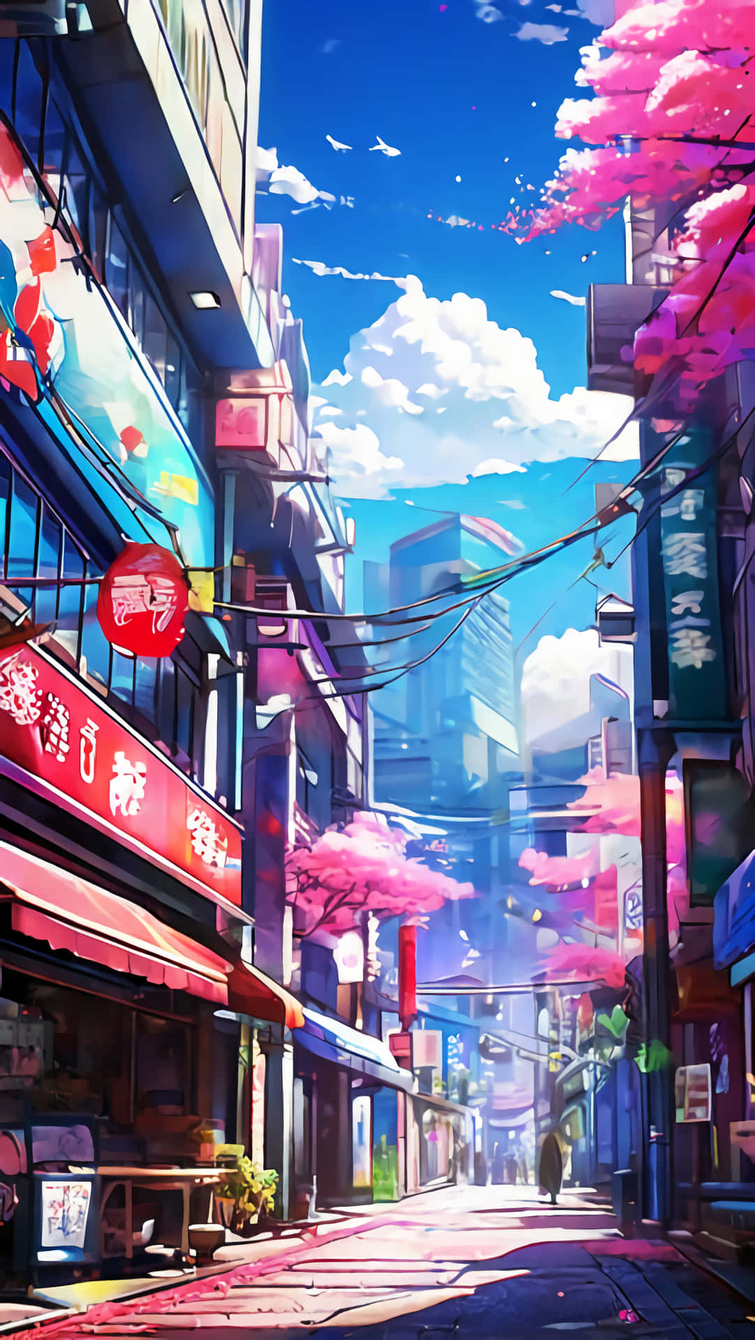 Anime Cherry Blossom Street Wallpaper 壁紙 — 一條充滿活力的動漫風格小巷，兩旁種滿櫻花樹，霓虹招牌在明亮的藍天下閃爍。