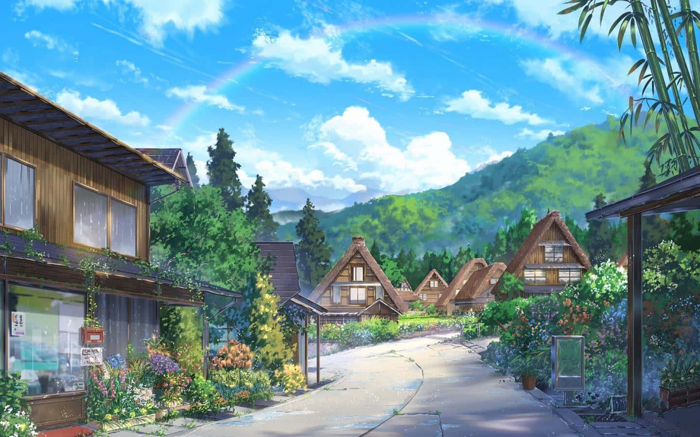 動漫 桌布 壁紙 — 一條充滿活力的動漫風格村莊街道，有木屋和茂盛的花園，在明亮的藍天下有一道彩虹。