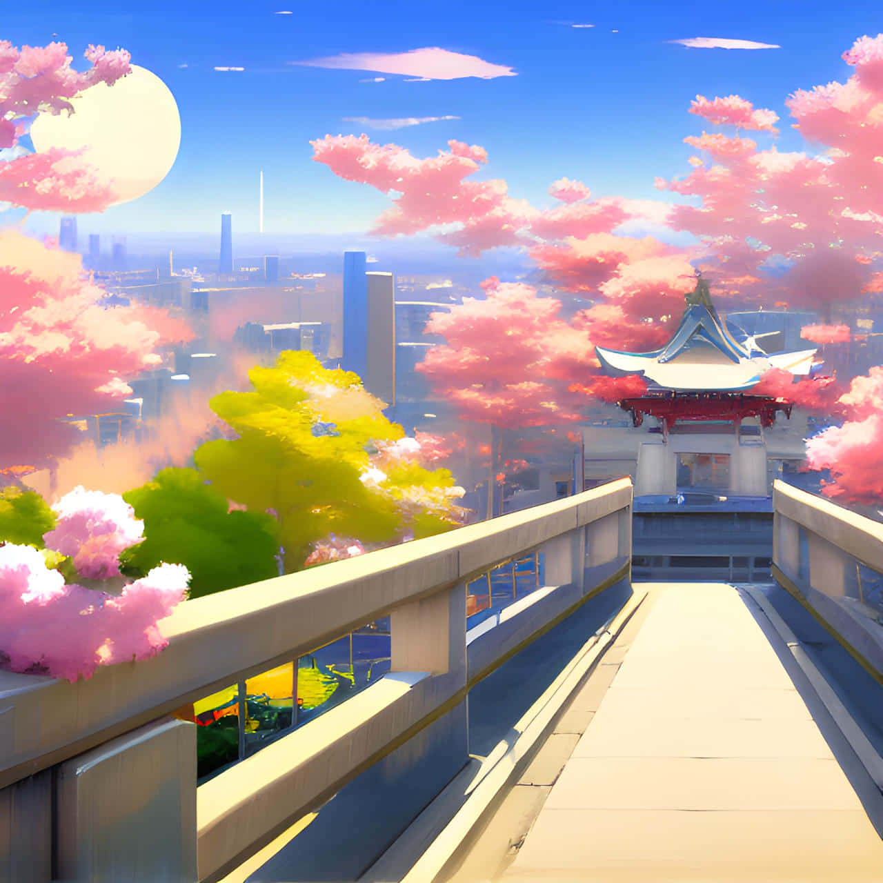 動畫風景 桌布 壁紙 — 一條充滿活力的動漫風格橋樑，通往傳統寶塔，周圍環繞著粉紅色的櫻花和未來主義的城市天際線，在明亮的陽光下。