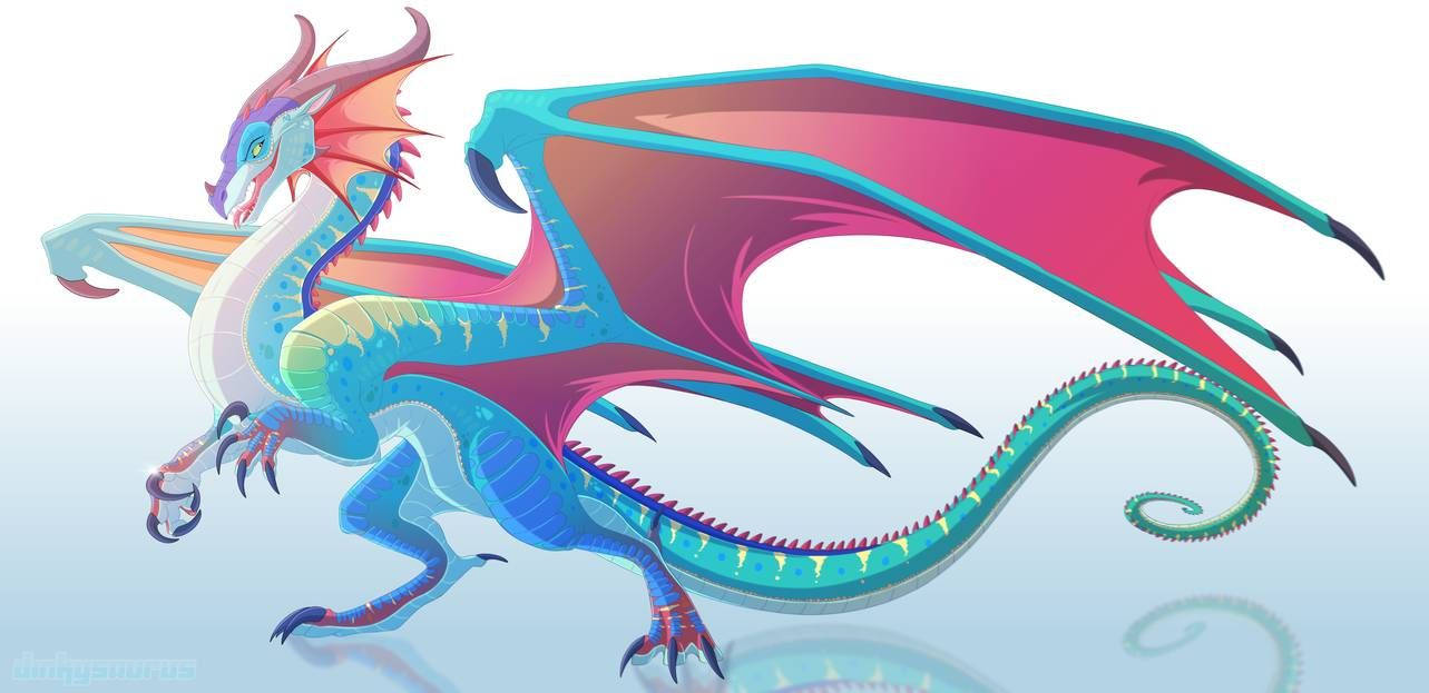 Wings Of Fire 桌布 壁紙 — 一條充滿活力的動漫風格龍，帶有漸變藍色、粉紅色和藍綠色翅膀，在柔和的漸變背景上屹立。