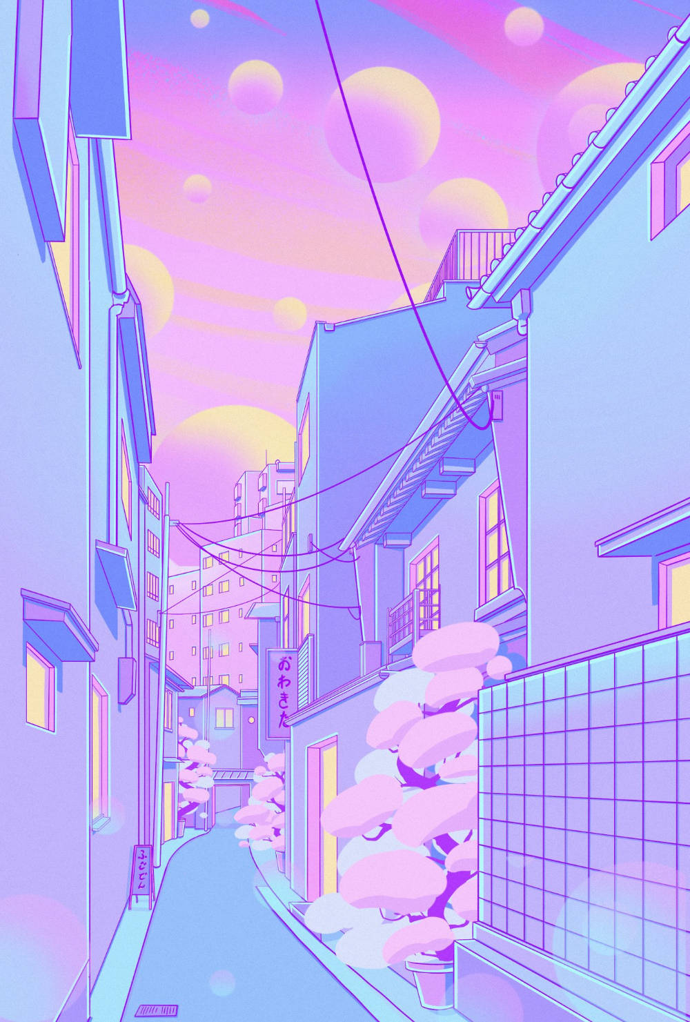淡紫色 桌布 壁紙 — 一條充滿活力的動畫風格小巷，沐浴在粉紅色和紫色的色調中，發光的球體漂浮在傳統建築上方。