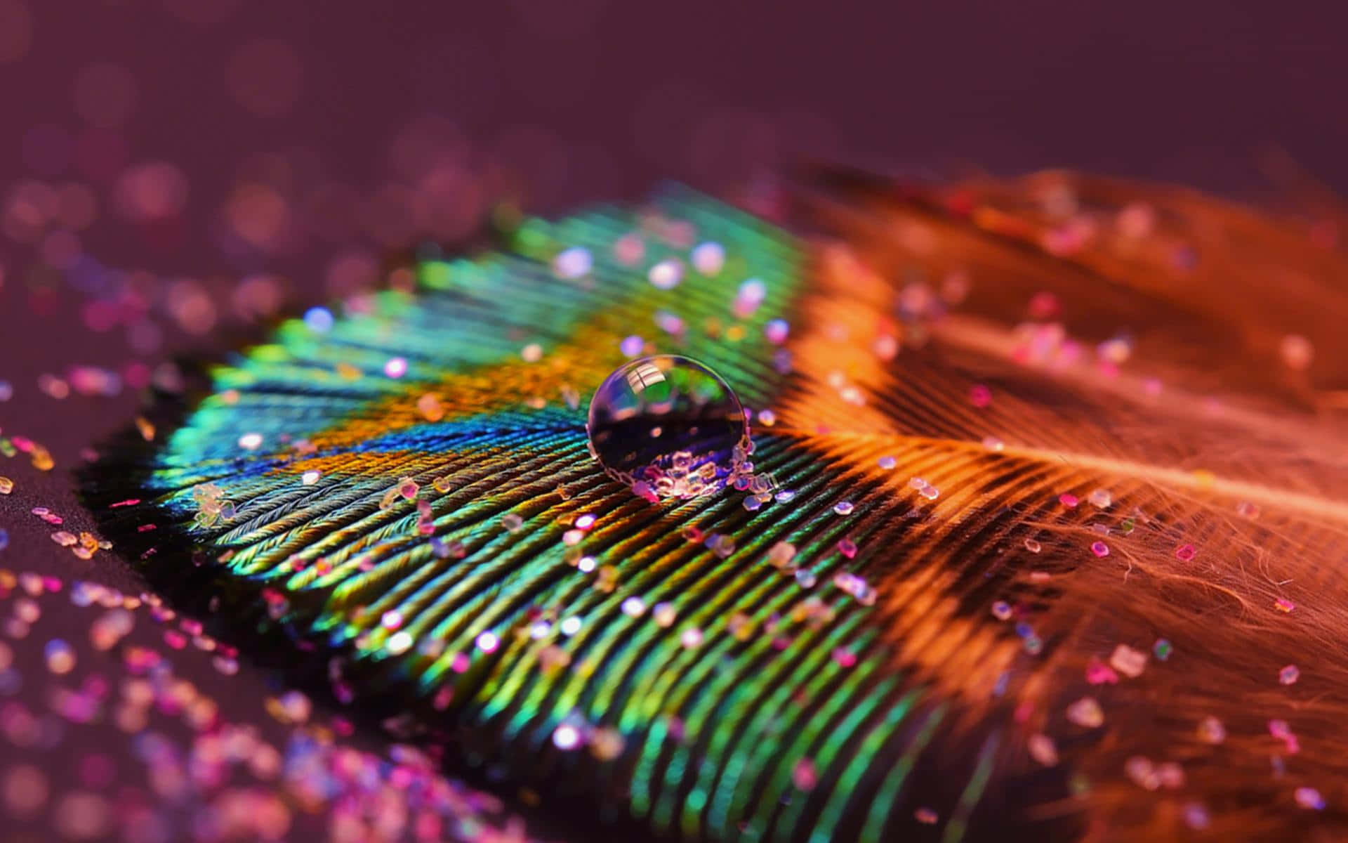 Peacock Feather 桌布 壁紙 — 一條充滿活力的彩虹色孔雀羽毛，飾有亮粉和一顆露珠，在柔和的紫色背景上反射出五彩繽紛的火花。