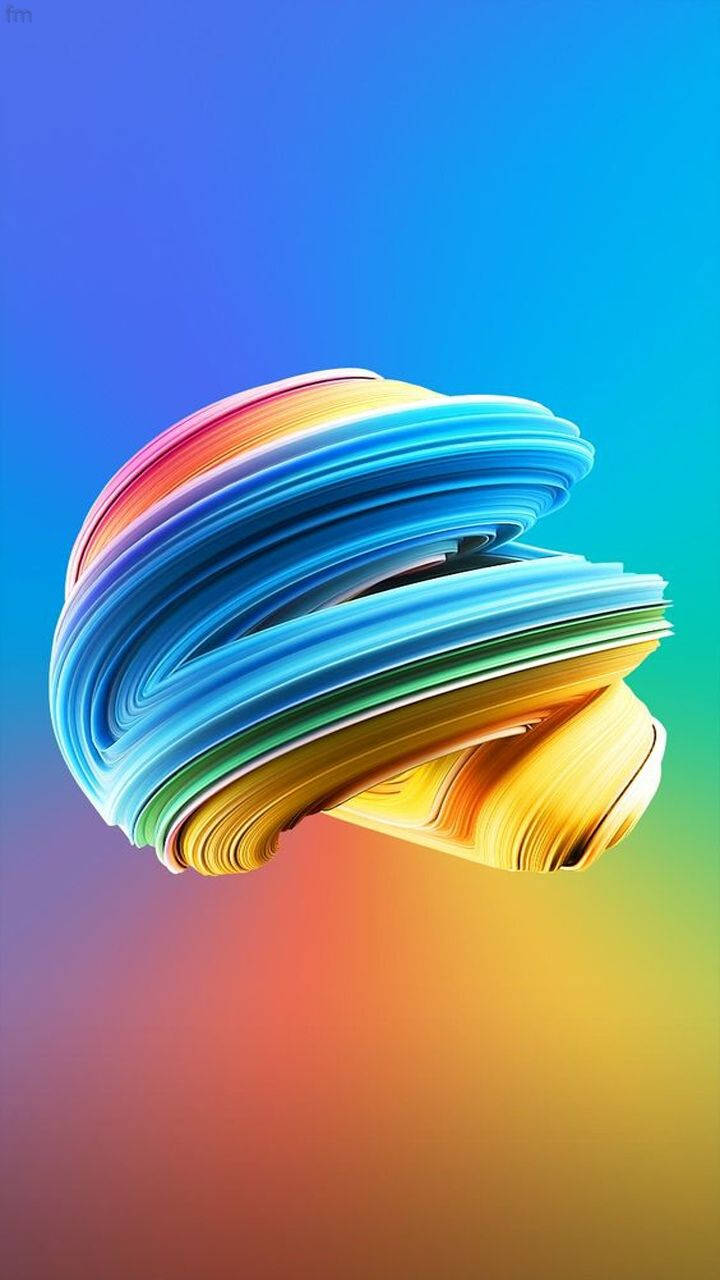 3D iPhone 壁紙 桌布 壁紙 — 一條充滿活力的彩虹色旋轉絲帶漂浮在從藍色到橙色的漸變背景上。