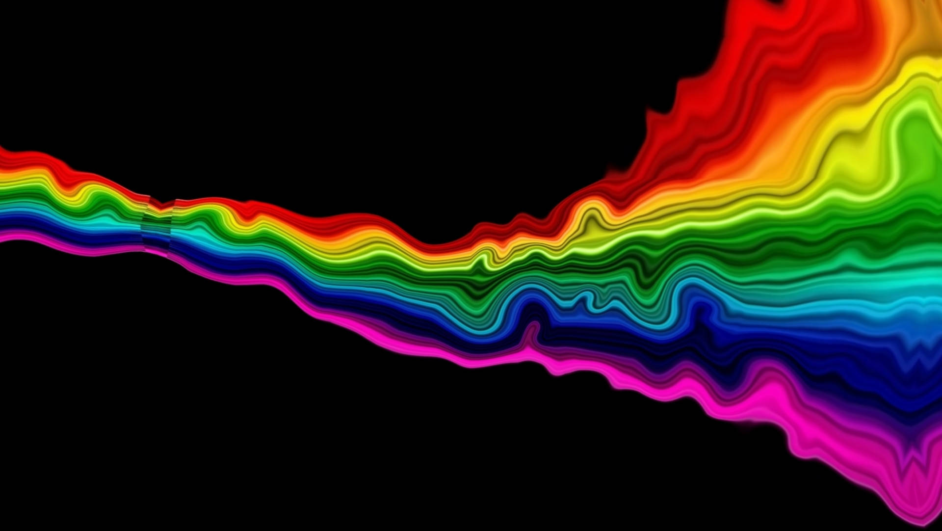 Colorful Aesthetic 桌布 壁紙 — 一條充滿活力的彩虹色波浪在黑色背景上以平滑漸層層對角流動。