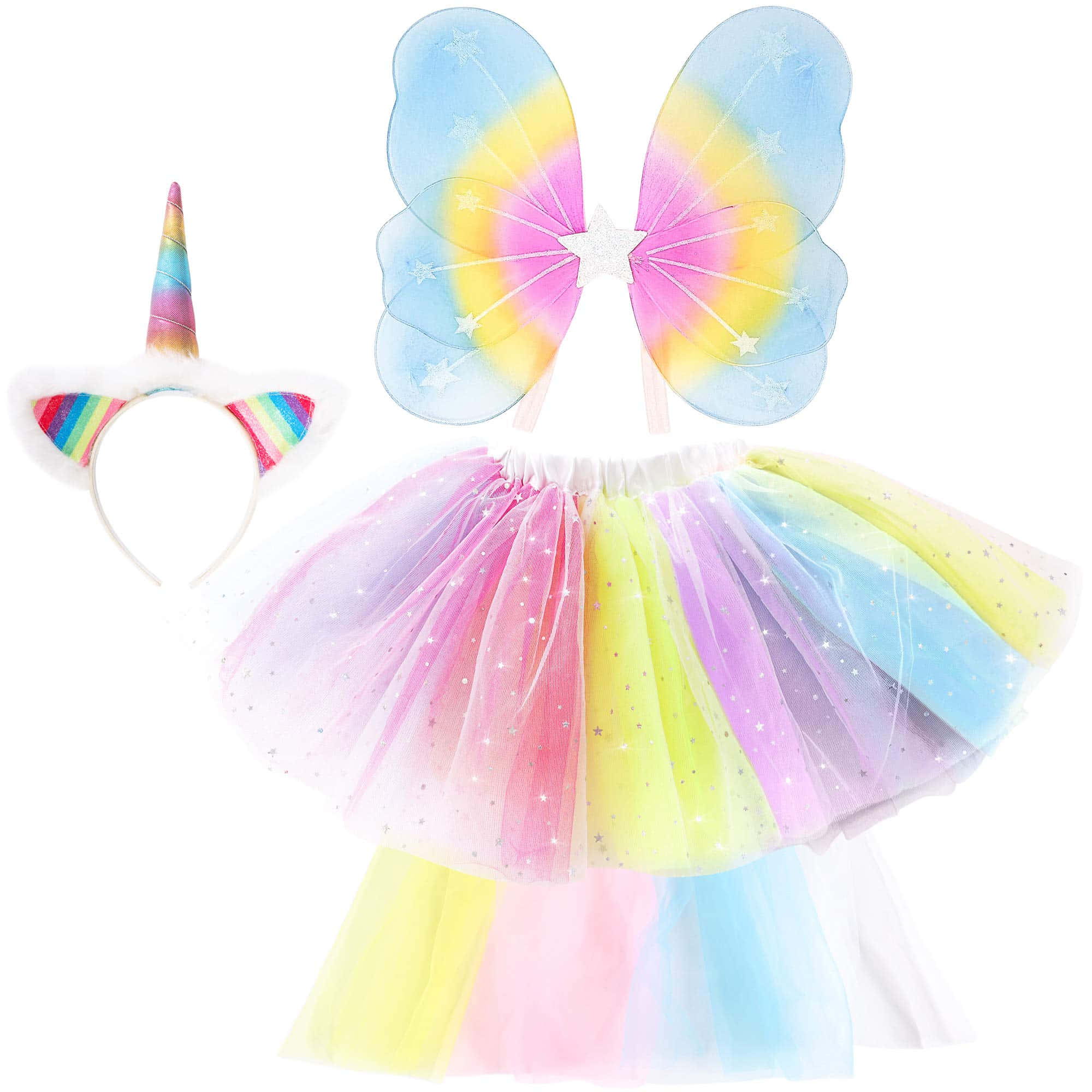 Butterfly Wing Dress 桌布 壁紙 — 一條充滿活力的彩虹芭蕾舞裙，飾有閃亮星星，搭配獨角獸耳朵和粉彩翅膀，背景為白色。