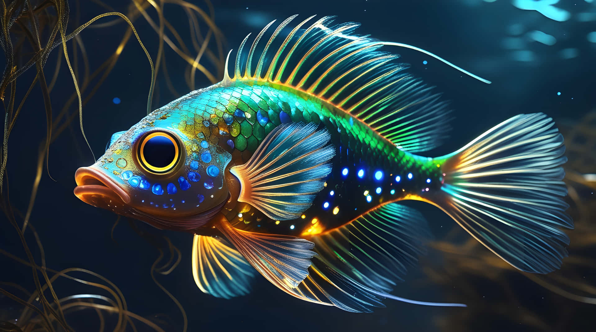 A beautiful fish 壁紙 — 一條充滿活力的彩虹魚，帶有發光的藍色斑點和金色魚鰭，在纏繞著海藻的黑暗水中優雅地游動。